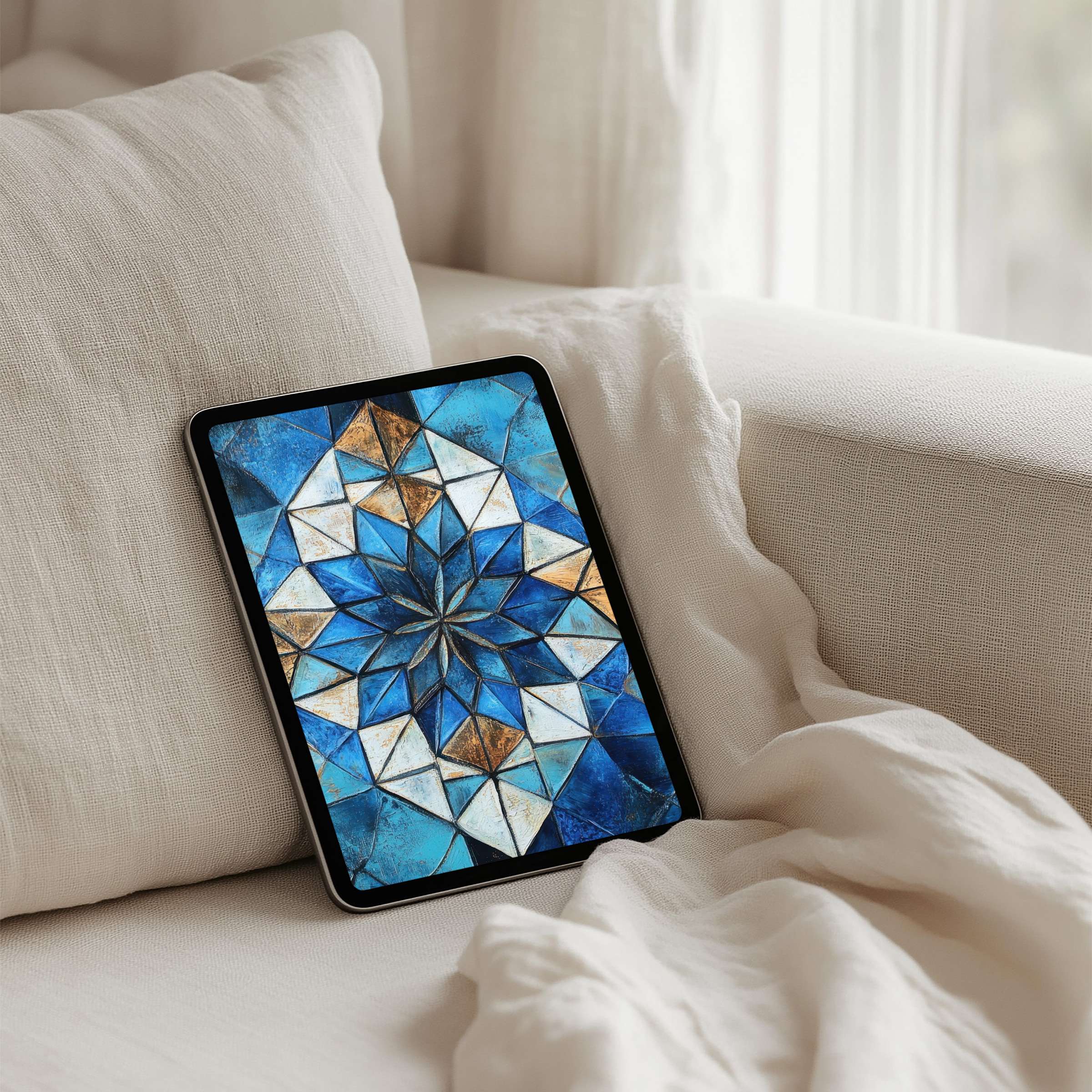 Elegant blue and gold geometric iPad background for instant download creating calm inspiration on any tablet like Samsung or Android