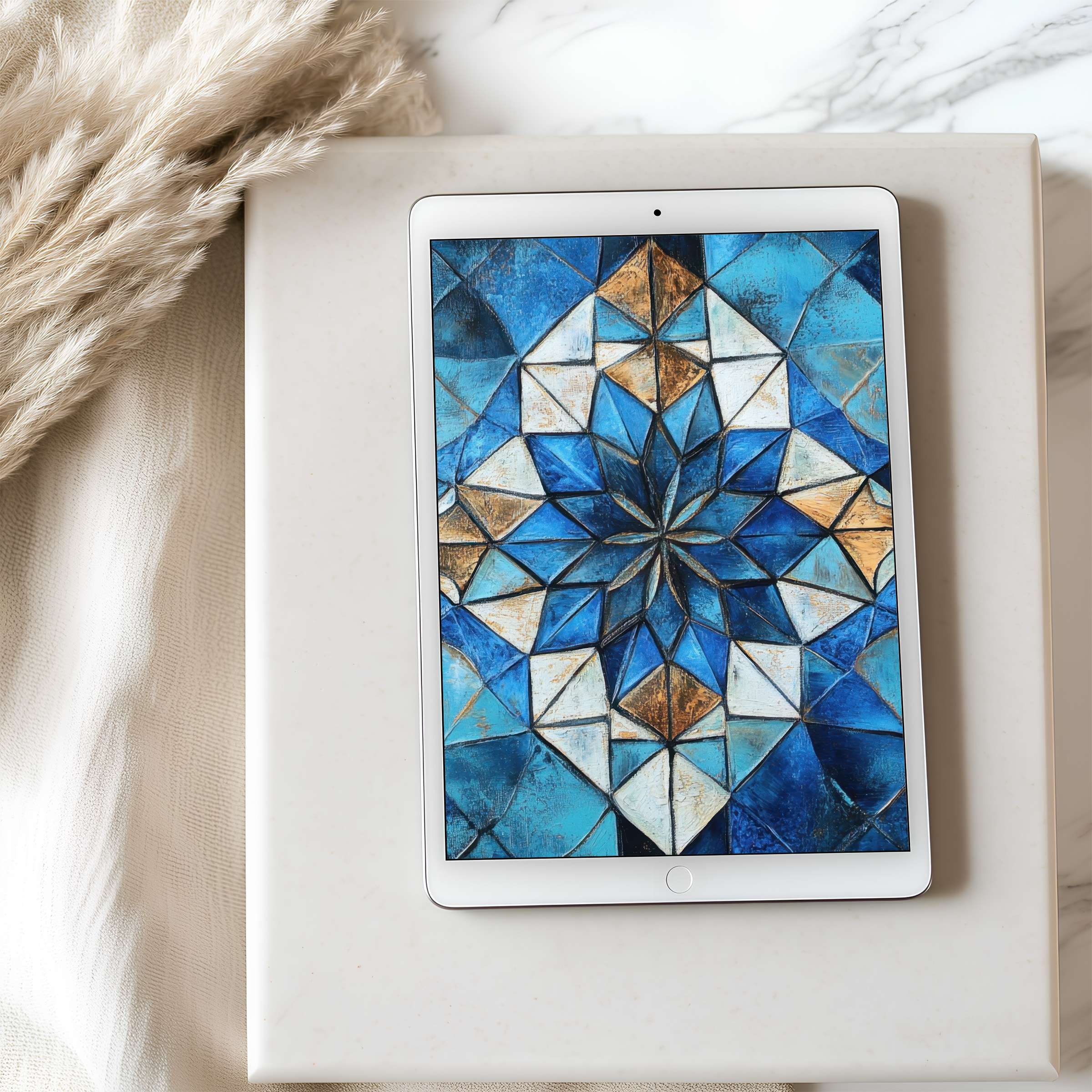 Elegant geometric blue mosaic design as tablet wallpaper enhances calm ambience, perfect for high resolution iPad or Android download