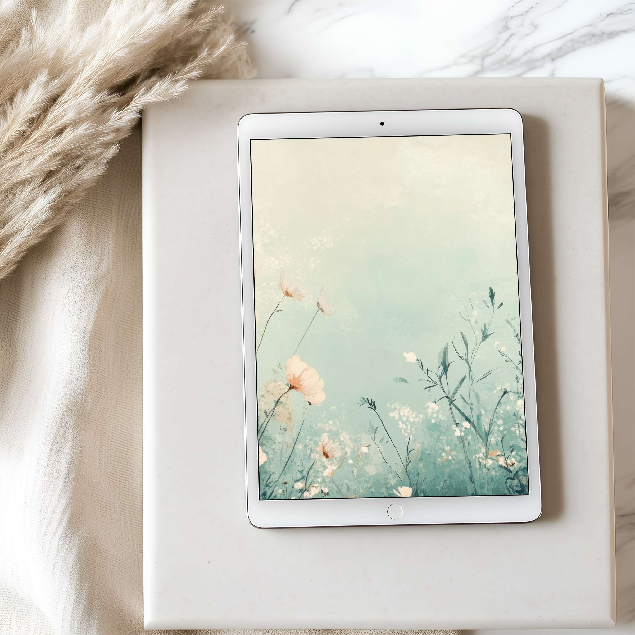 Elegant floral tablet wallpaper in calming pastels offers high resolution for iPads or Androids, ideal for serene digital downloads