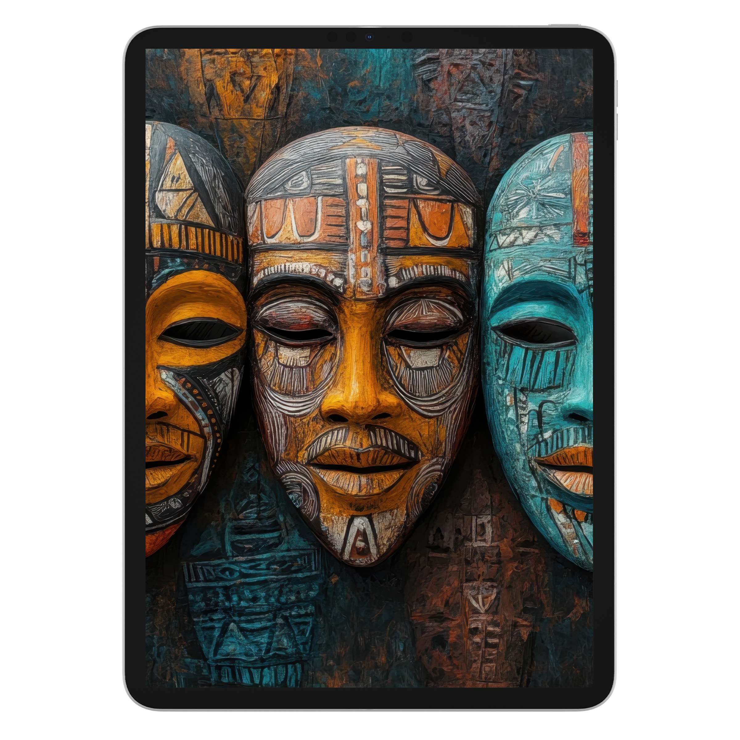 Boho iPad wallpaper featuring vibrant tribal masks offers a rich, textured background for digital download to elevate your tablet