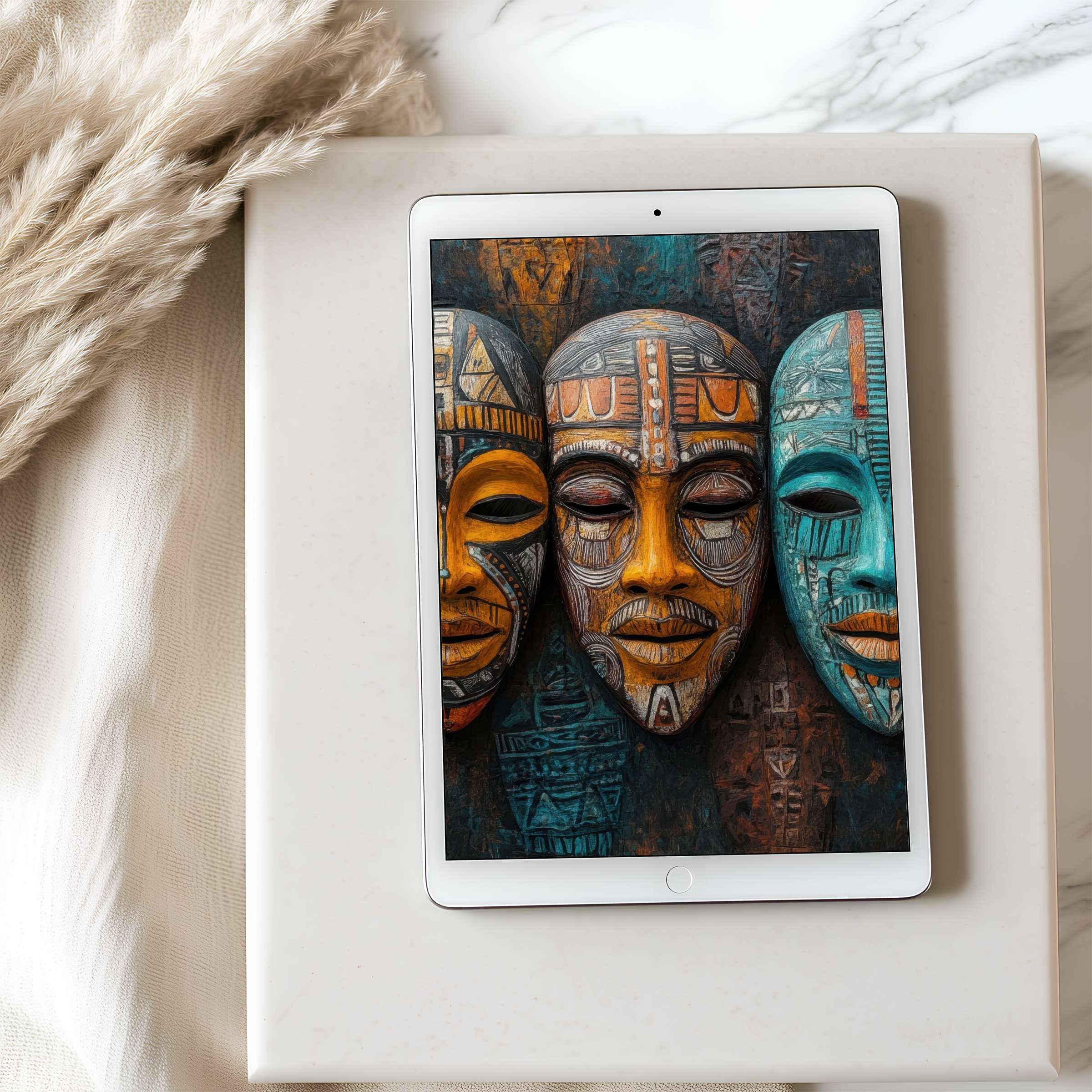 Elegant tablet wallpaper featuring vibrant, tribal mask art in earth and turquoise tones enhances any iPad with calm sophistication
