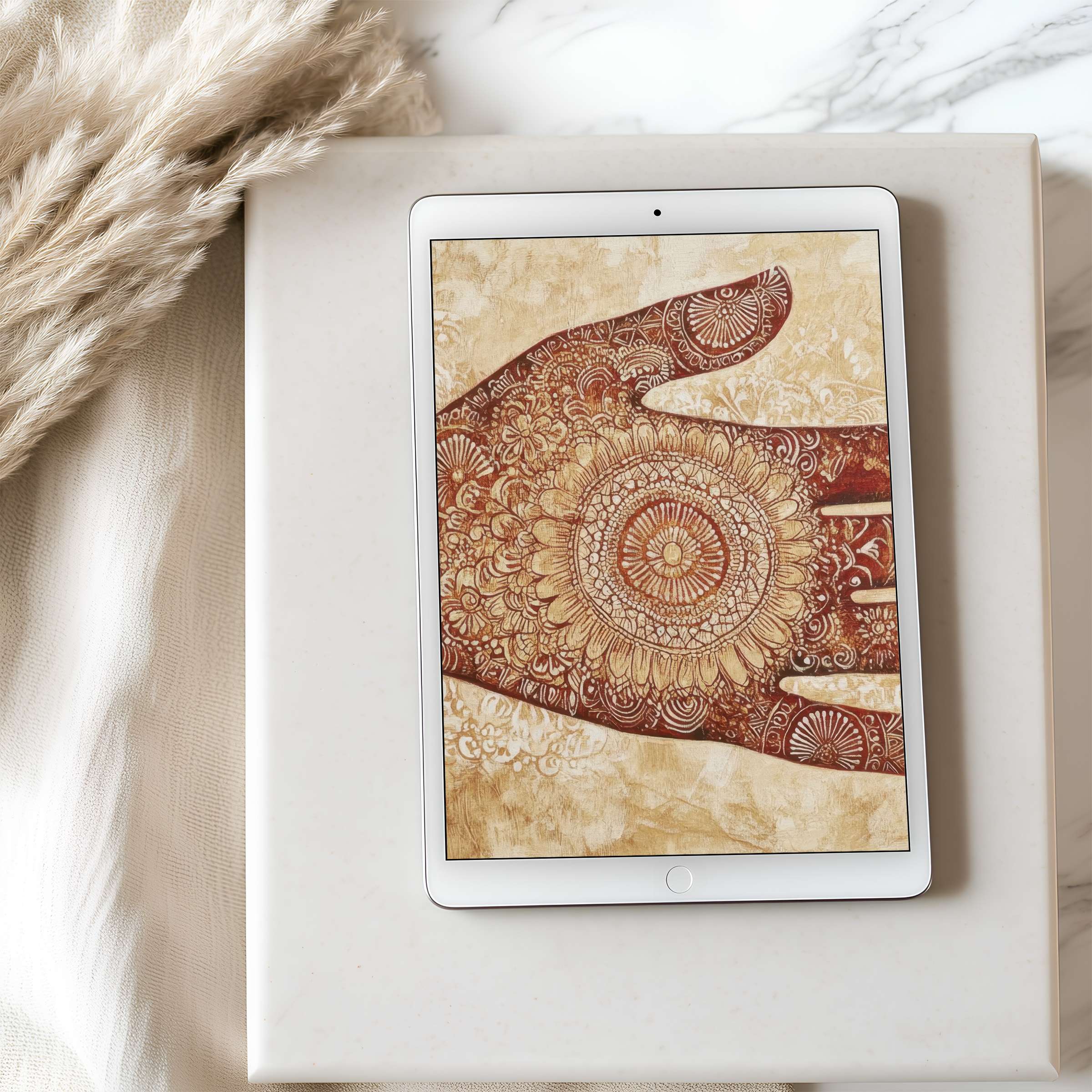 Elegant tablet wallpaper featuring intricate mandala art in earthy tones exudes tranquility and style, ideal for high-resolution iPad download