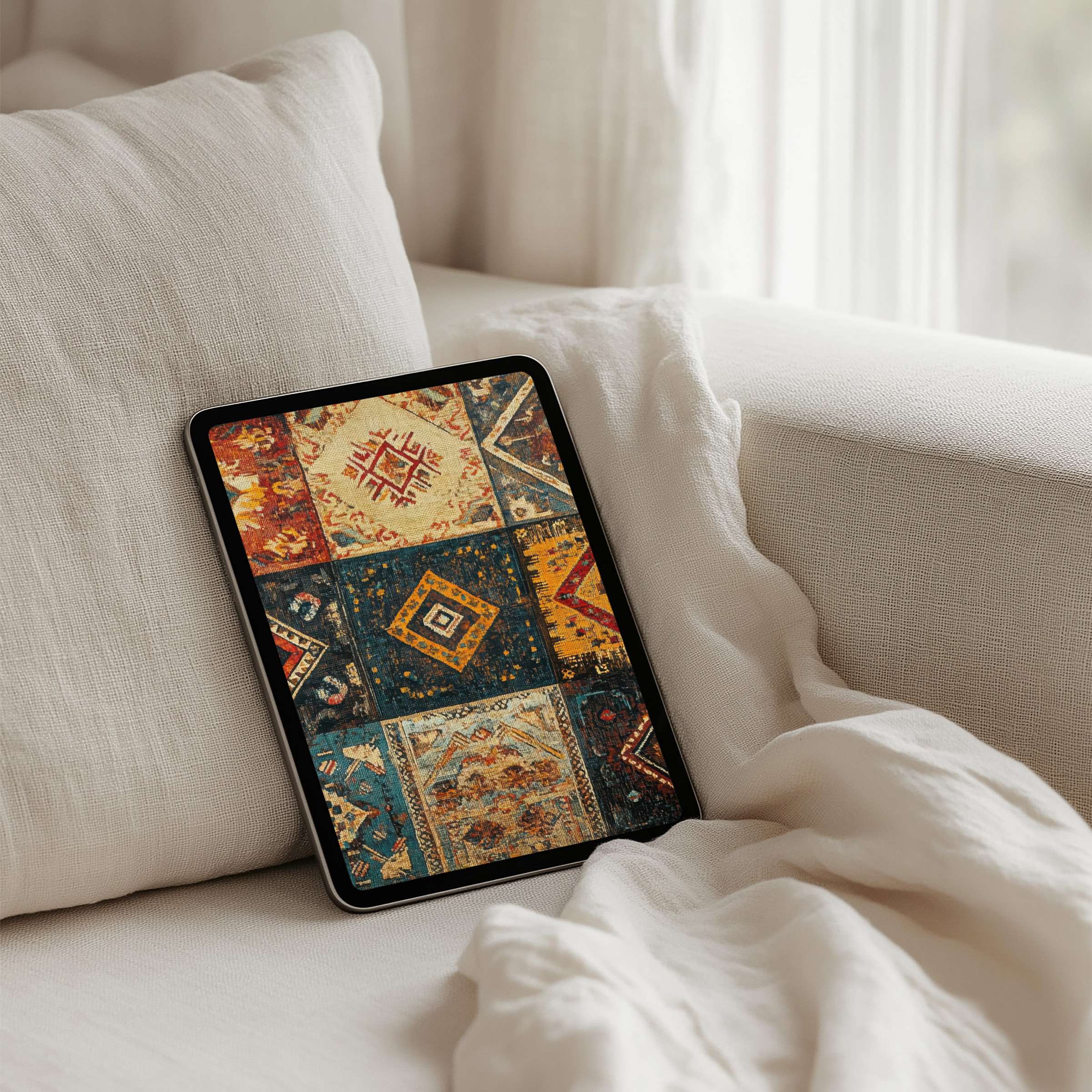 Calm and elegant iPad background featuring a patchwork textile design for instant download fitting all tablets seamlessly for inspiration