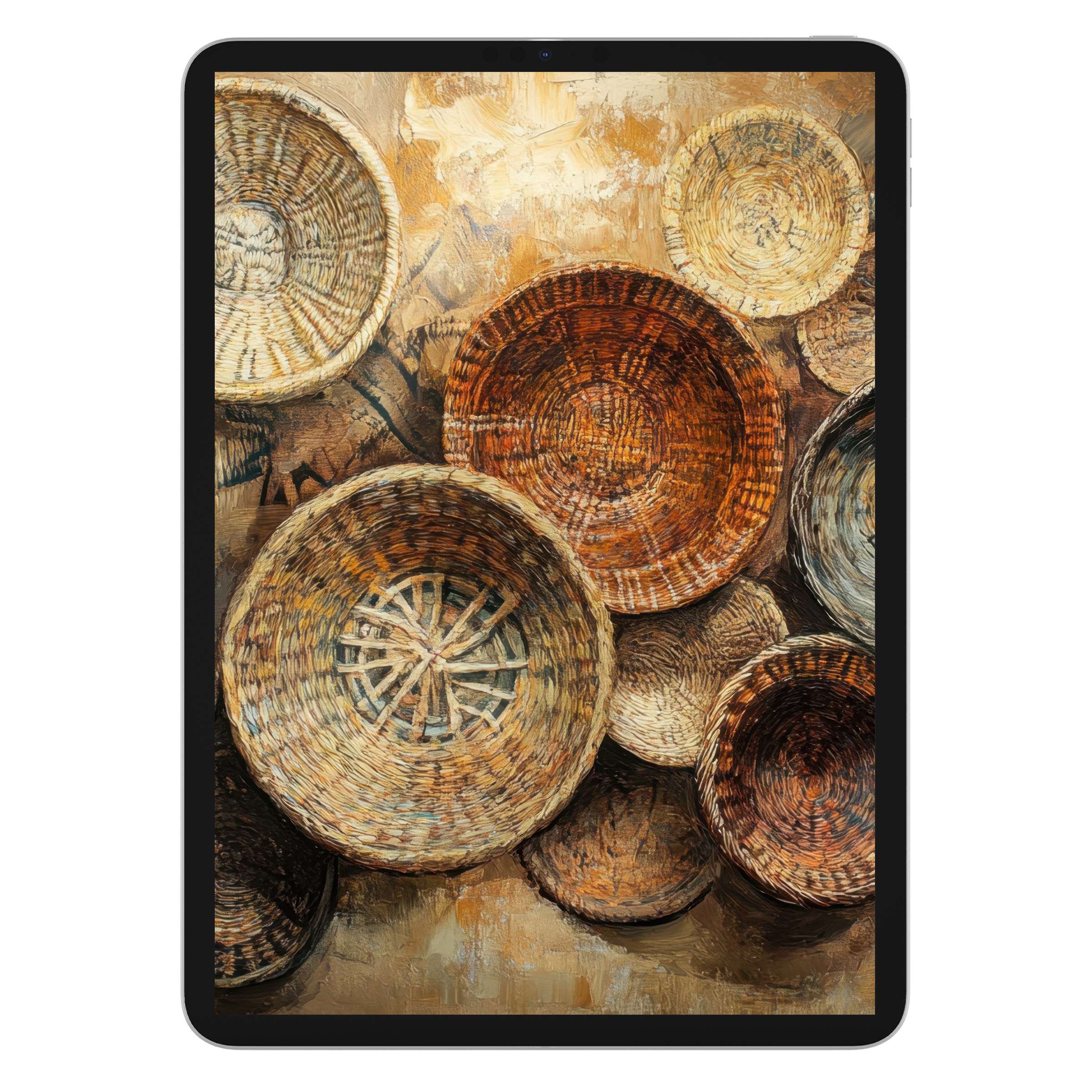 Boho iPad wallpaper digital download showcasing earthy woven basket textures invokes tranquility, perfect as a tablet background for Android devices