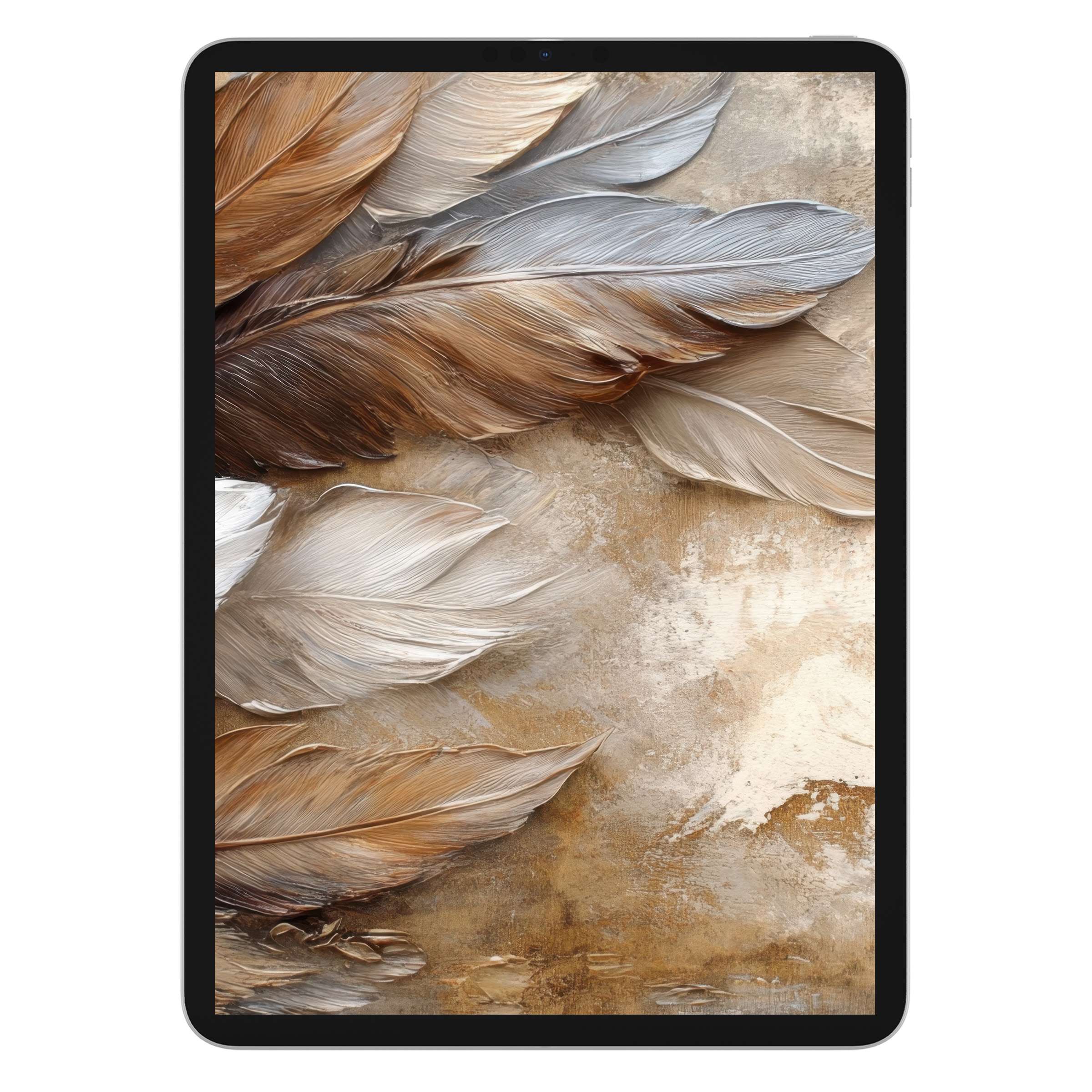 Elegant boho iPad wallpaper featuring textured feathers in earthy tones, perfect for a calming digital download background for tablets
