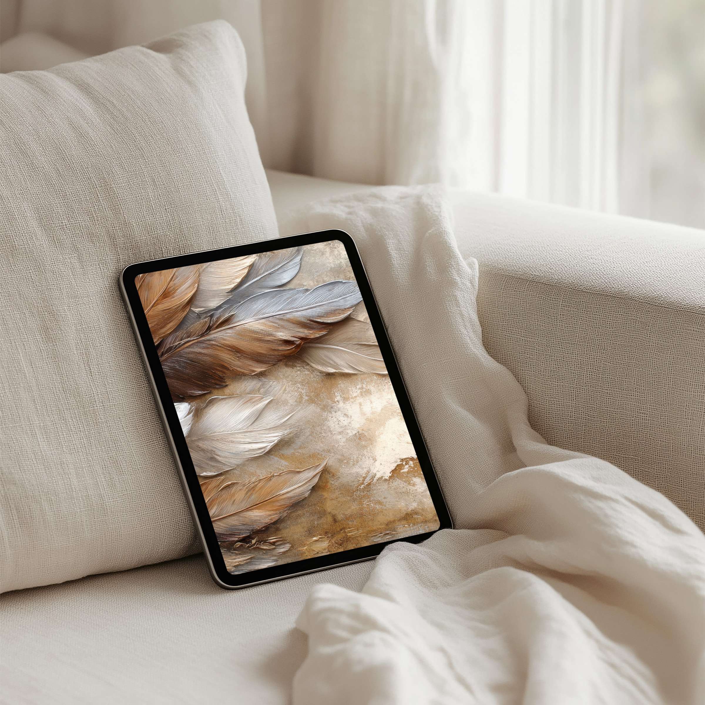 Elegant feather design for iPad background offering instant download on your tablet evokes calm inspiration and aesthetic harmony