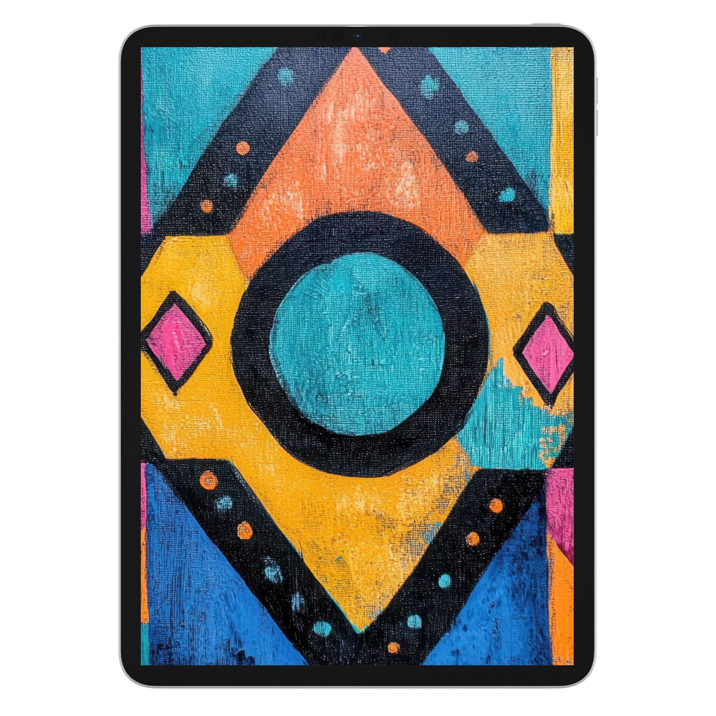 Boho iPad wallpaper digital download: vibrant abstract geometric art in teal, orange, and yellow for an elegant tablet background
