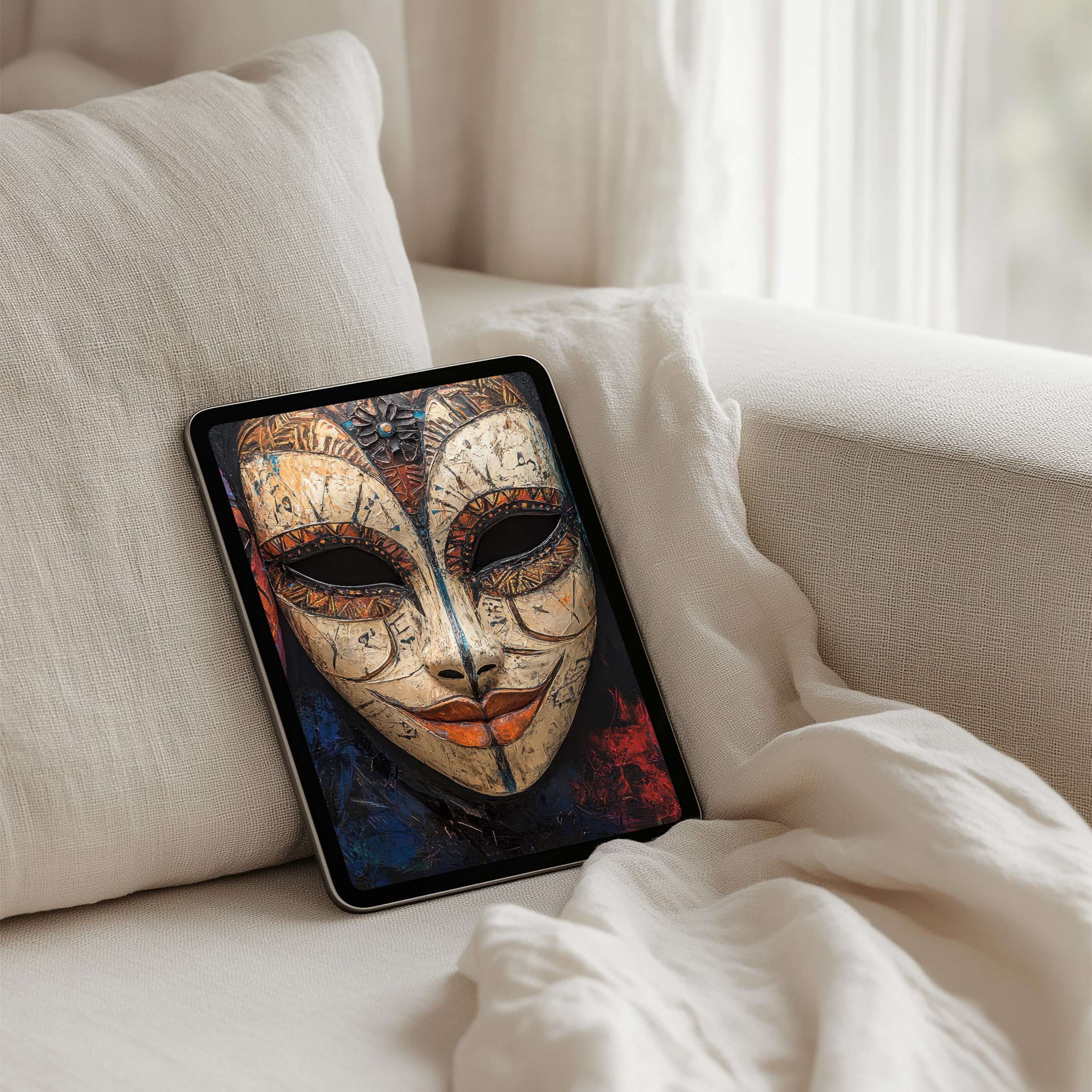 Elegant mask art iPad background for instant download offers calming inspiration, perfect for Samsung and Android tablets