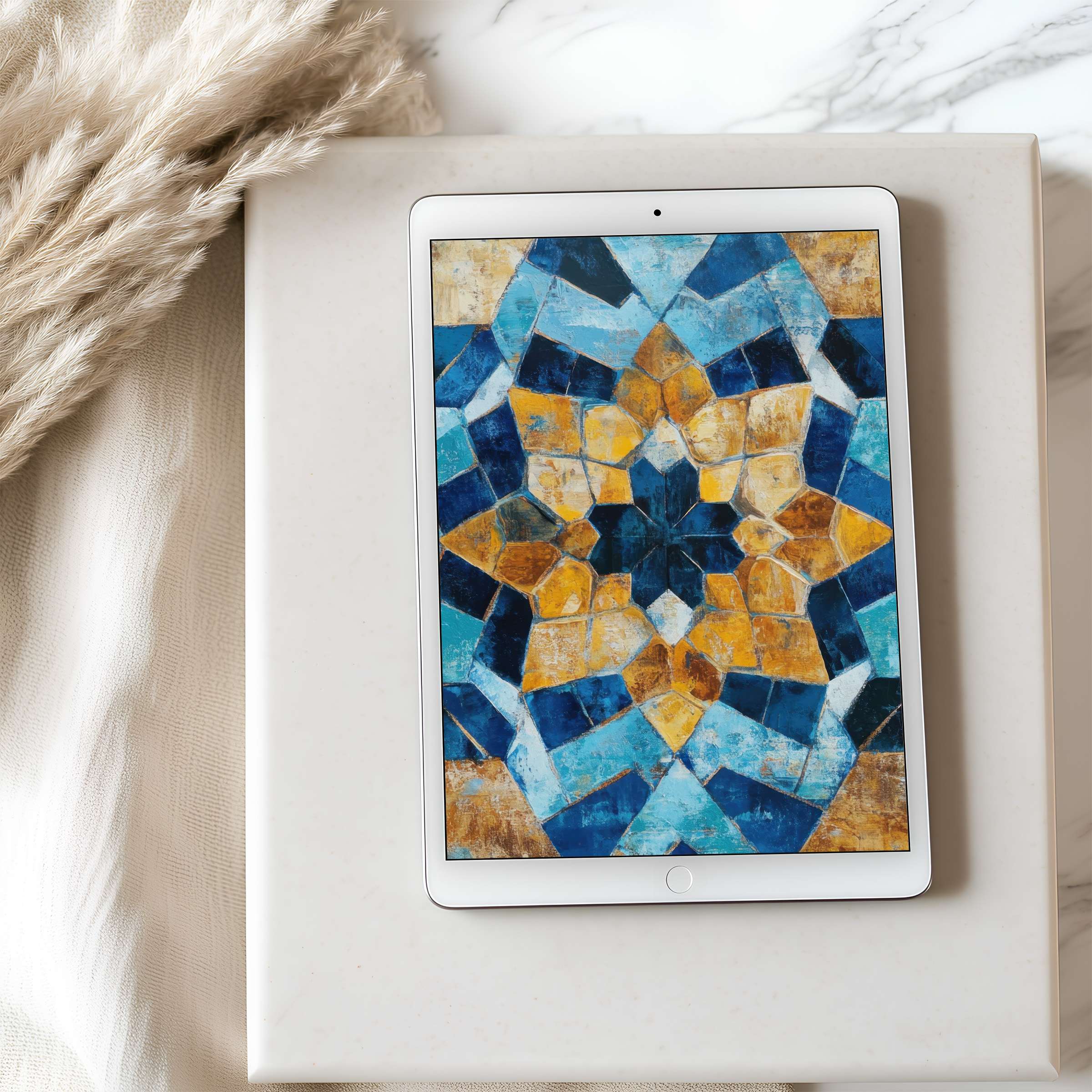 Elegant geometric tablet wallpaper in rich blues and golds, perfect for iPad and Android tablets, high-resolution digital download