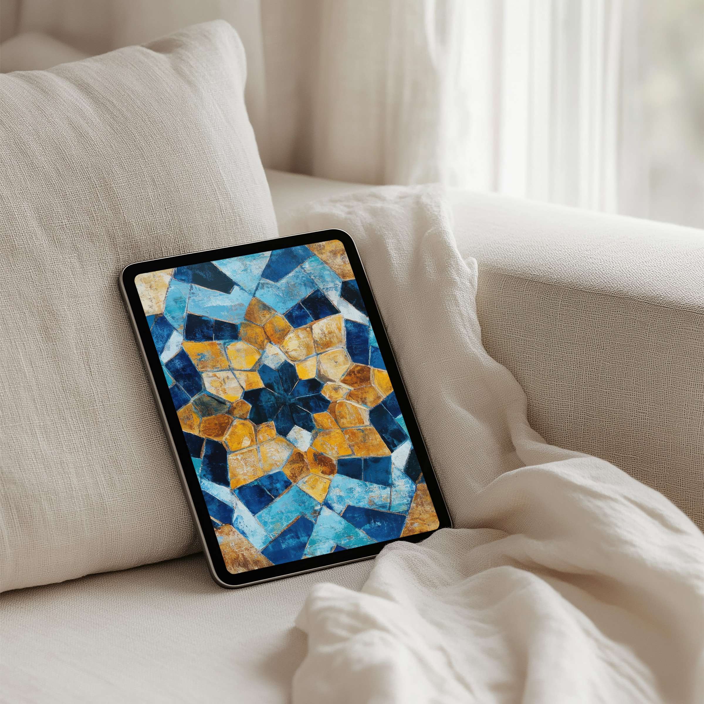 Elegant iPad background showcasing a blue and gold mosaic pattern for tablet use promoting calm and mindfulness instant download