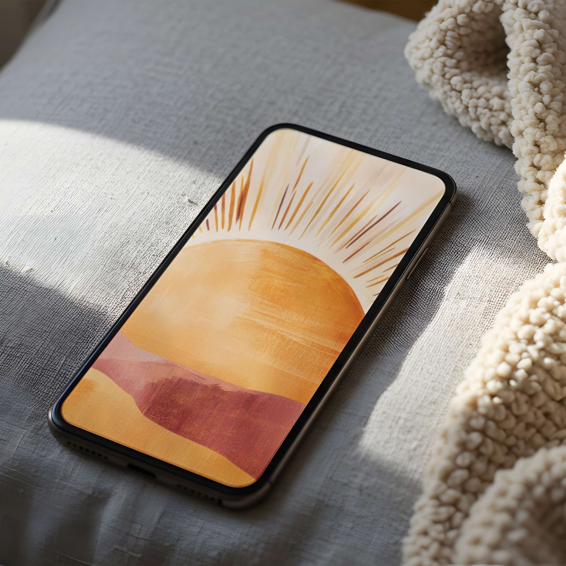 Elegant phone wallpaper featuring a serene sunrise motif in warm earthy tones, perfect for a high resolution digital download on iPhone or Android