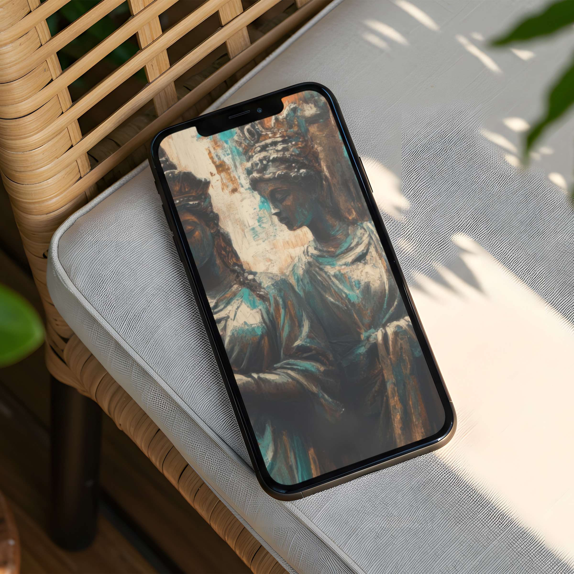 Elegant iPhone background with a vintage statue painting evokes calm and inspiration fits phone screens instant download