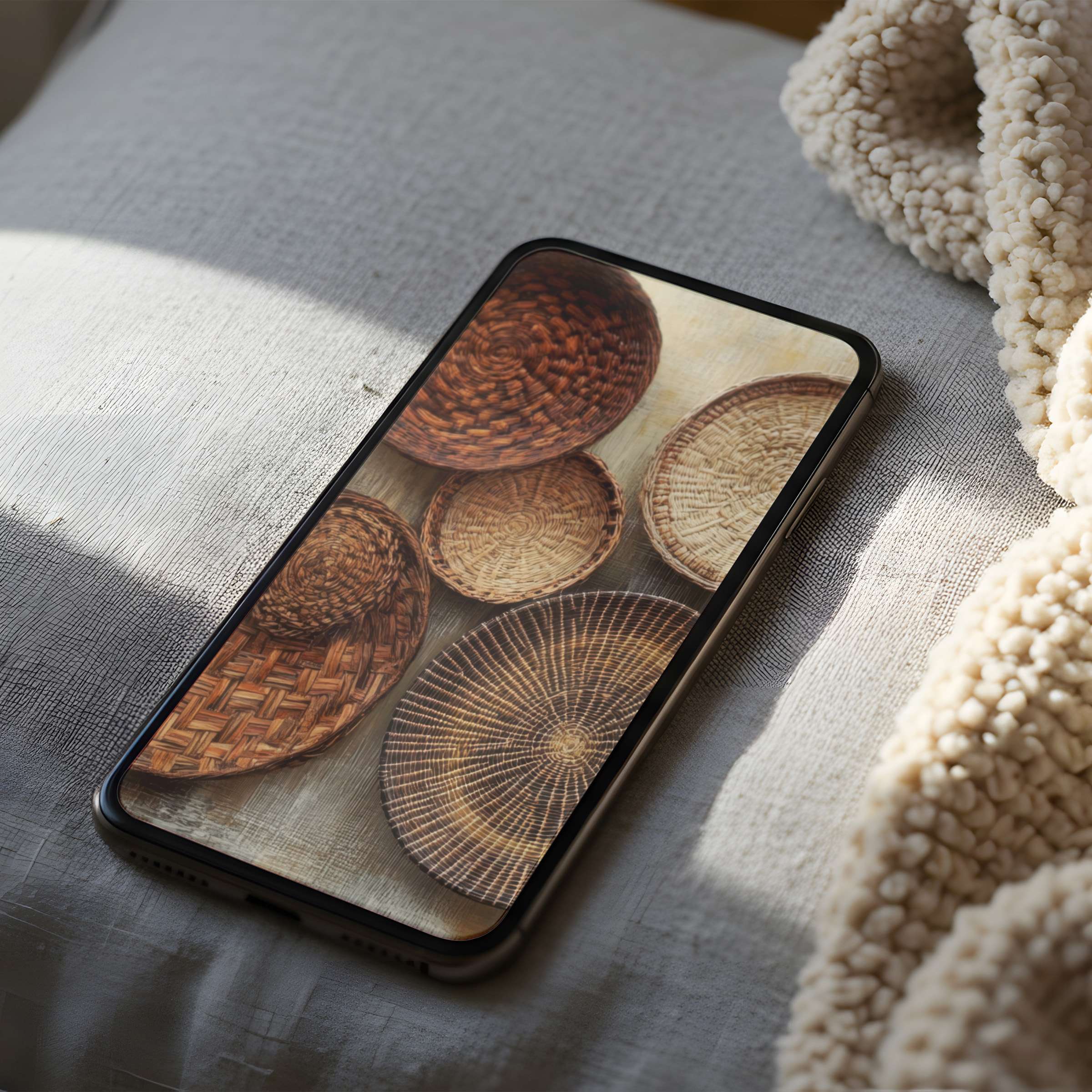 Elegant phone wallpaper featuring woven baskets in earthy tones brings tranquility to your iPhone or Android, available for digital download