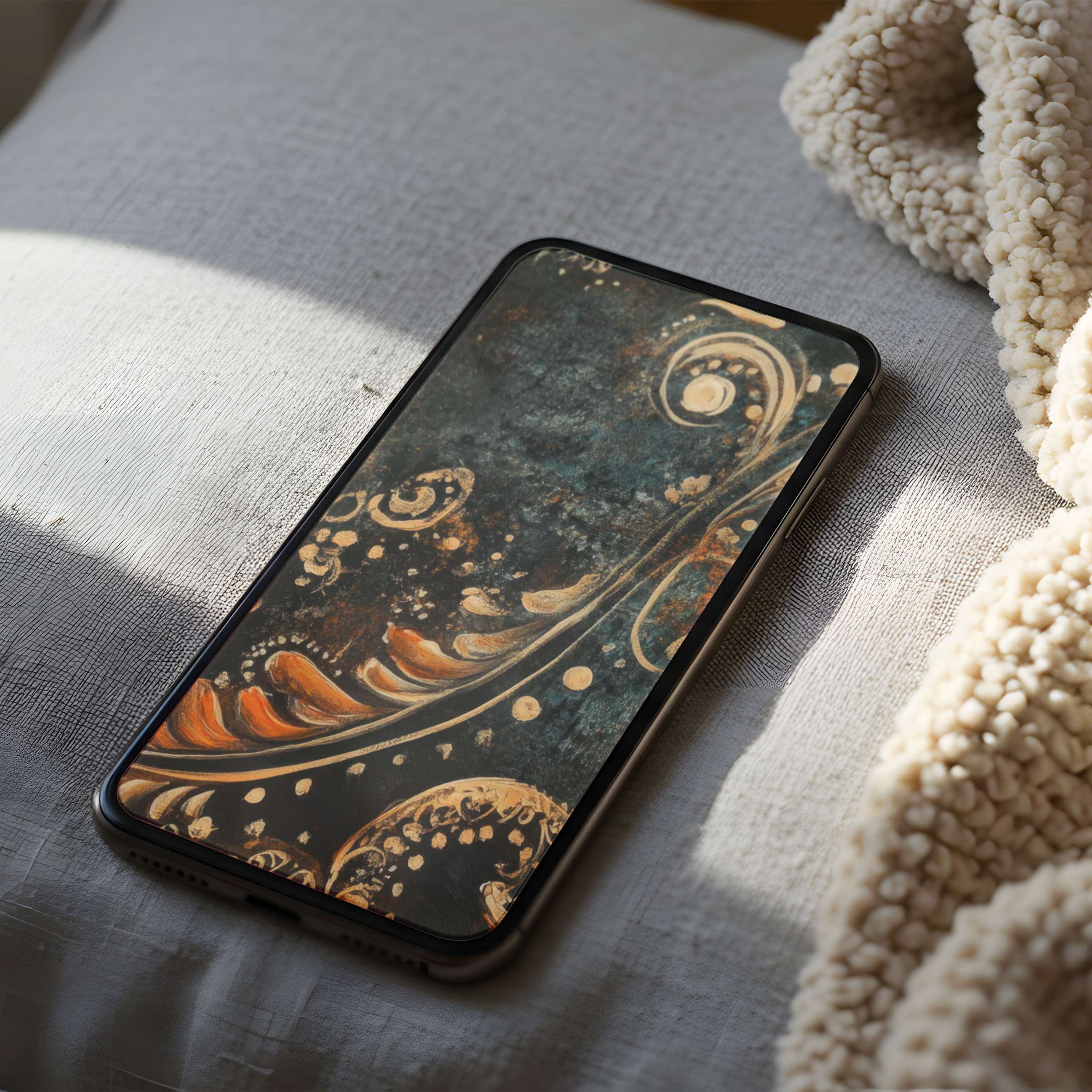 Elegant abstract phone wallpaper featuring earthy swirls on a high-resolution display resting on textured fabric perfect for iPhone download