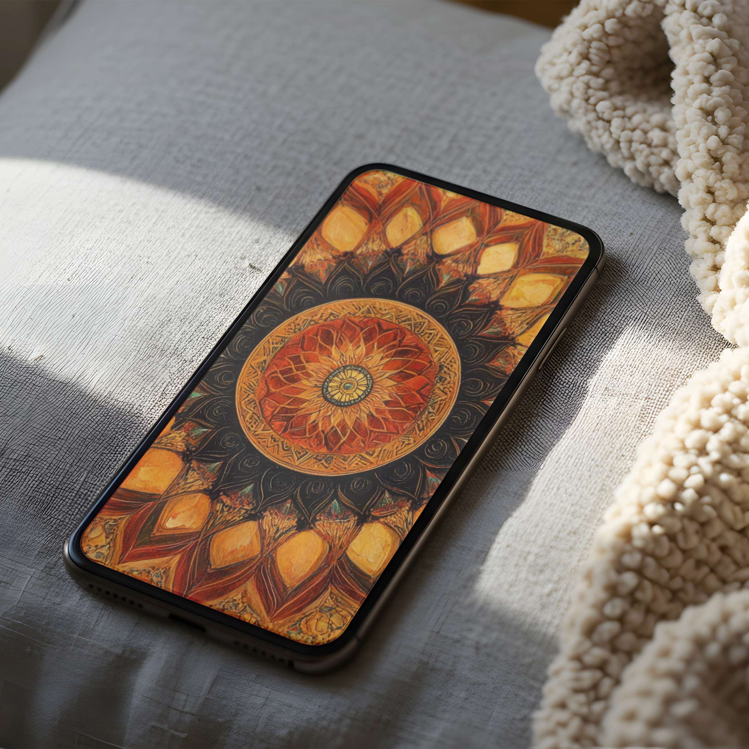 Elegant mandala-inspired phone wallpaper in warm earth tones offers serenity for iPhone and Android high resolution digital download