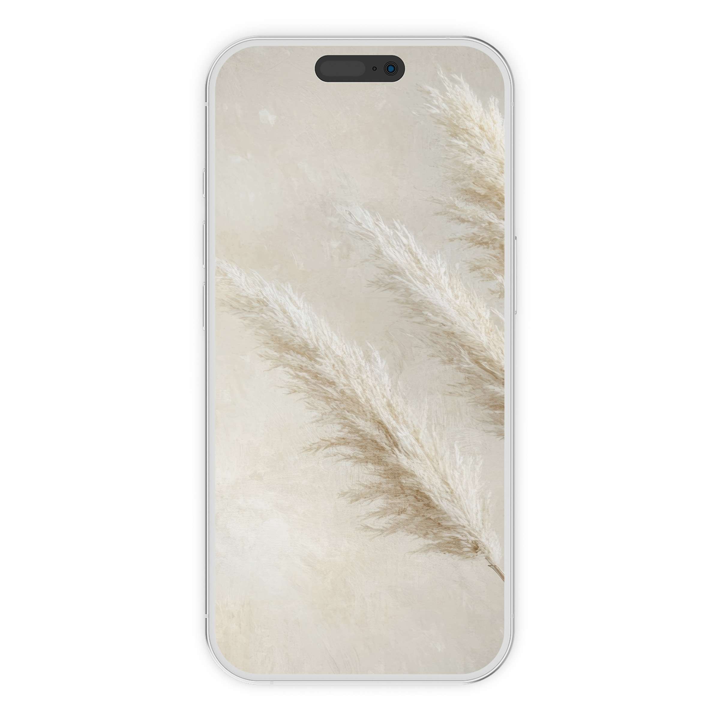 Elegant boho iPhone wallpaper featuring serene pampas grass on a soft beige background ideal for a soothing phone digital download