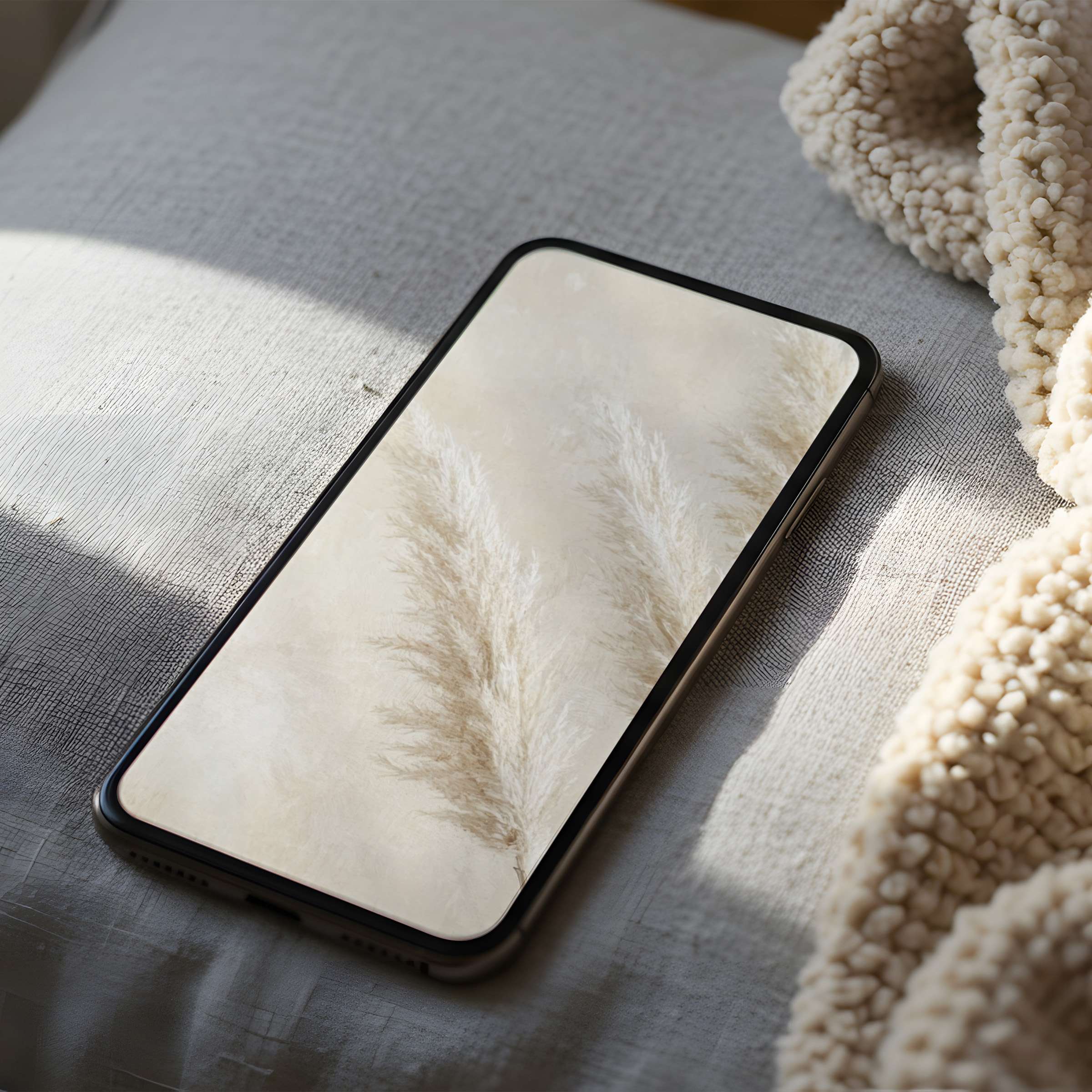 Elegant phone wallpaper featuring serene beige pampas grass, ideal for iPhone and Android, offering a tranquil digital download experience