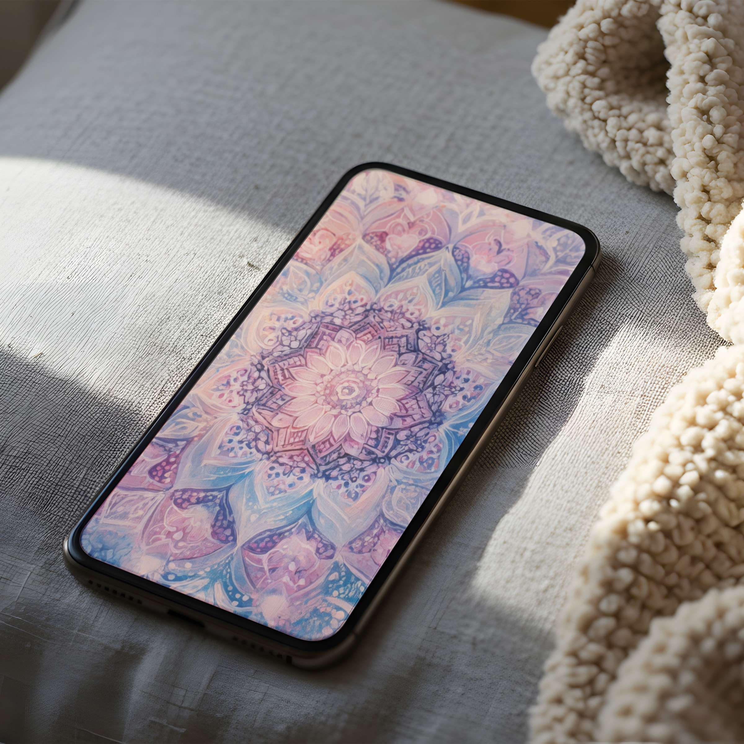 Elegant mandala phone wallpaper featuring soft pink and purple hues perfect for high-resolution digital download on iPhone or Android