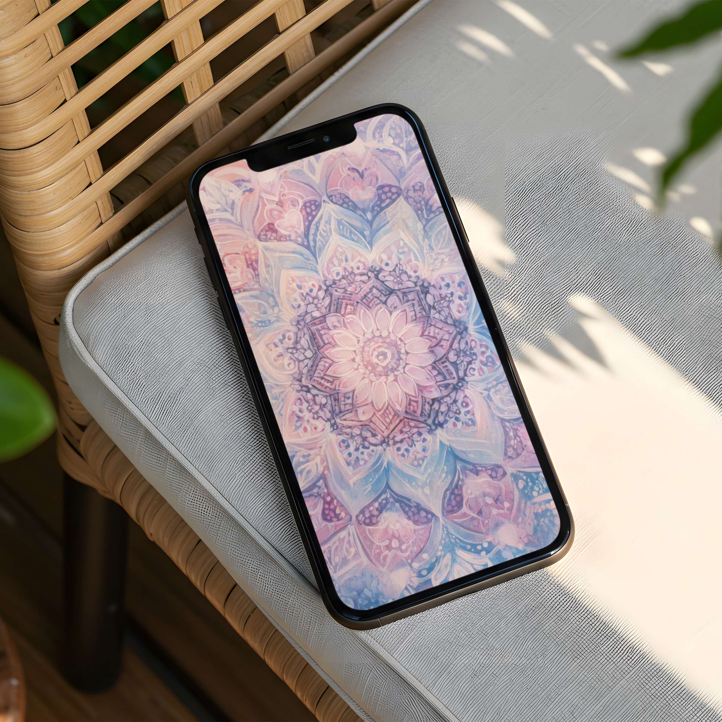 Elegant mandala design iPhone background for instant download, enhancing phone aesthetics with calming pastel tones and mindfulness