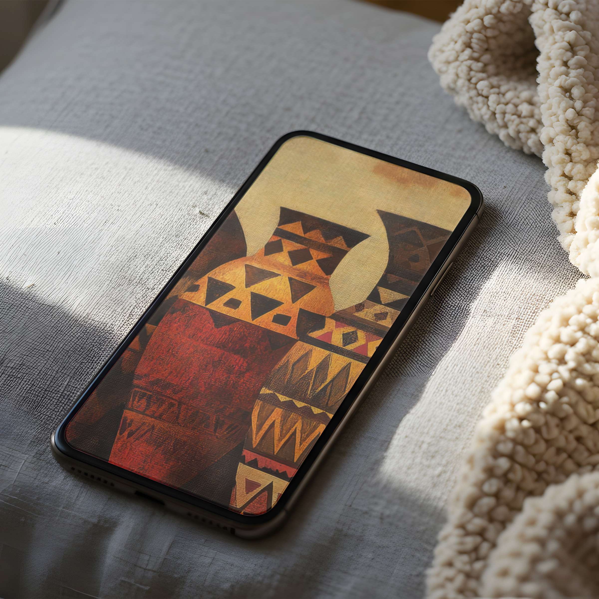 Elegant geometric vase phone wallpaper in earthy reds and browns, perfect for iPhone or Android, adding serenity to your digital space