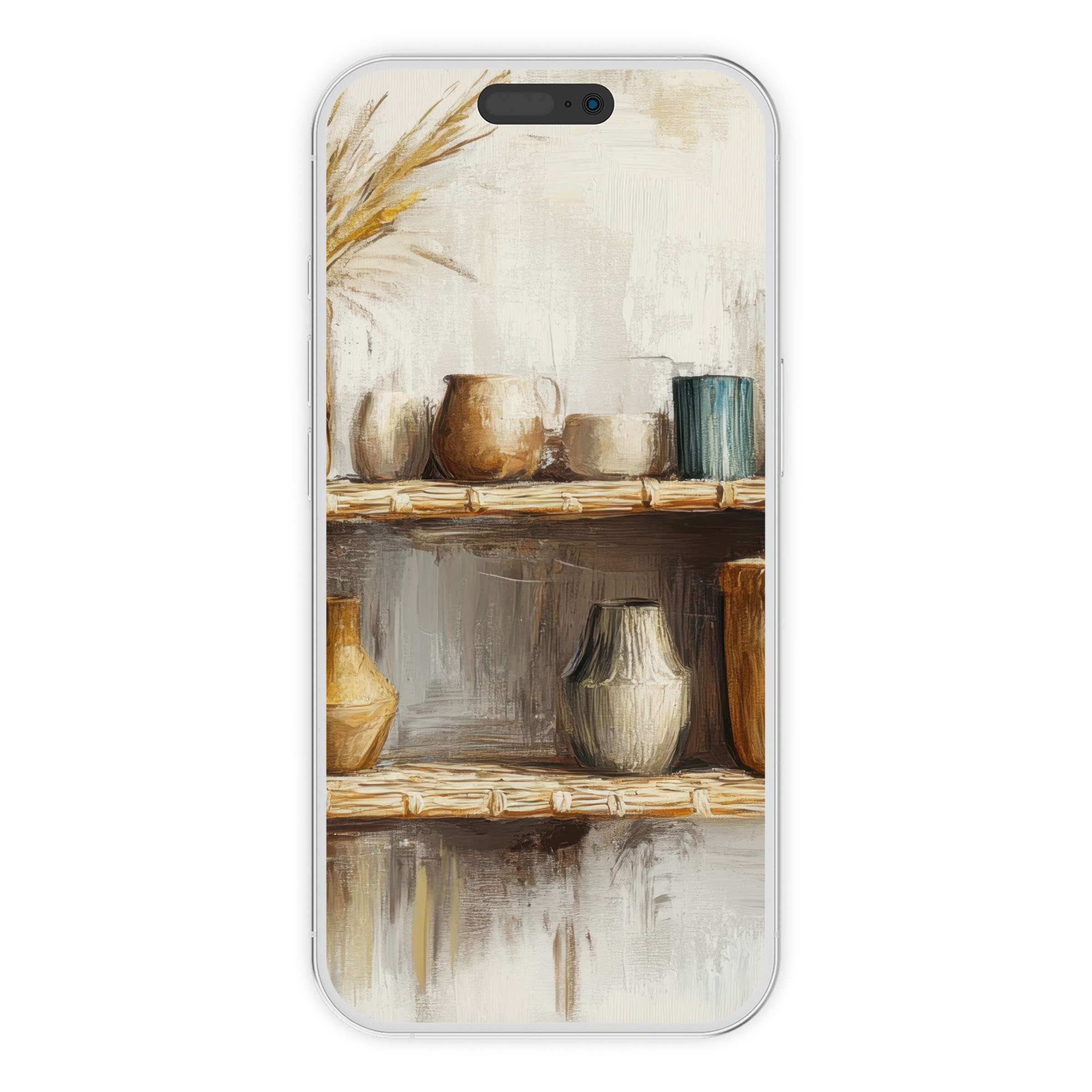 Boho iPhone wallpaper showcasing earthy pottery on wooden shelves with a serene texture, ideal phone background for digital download