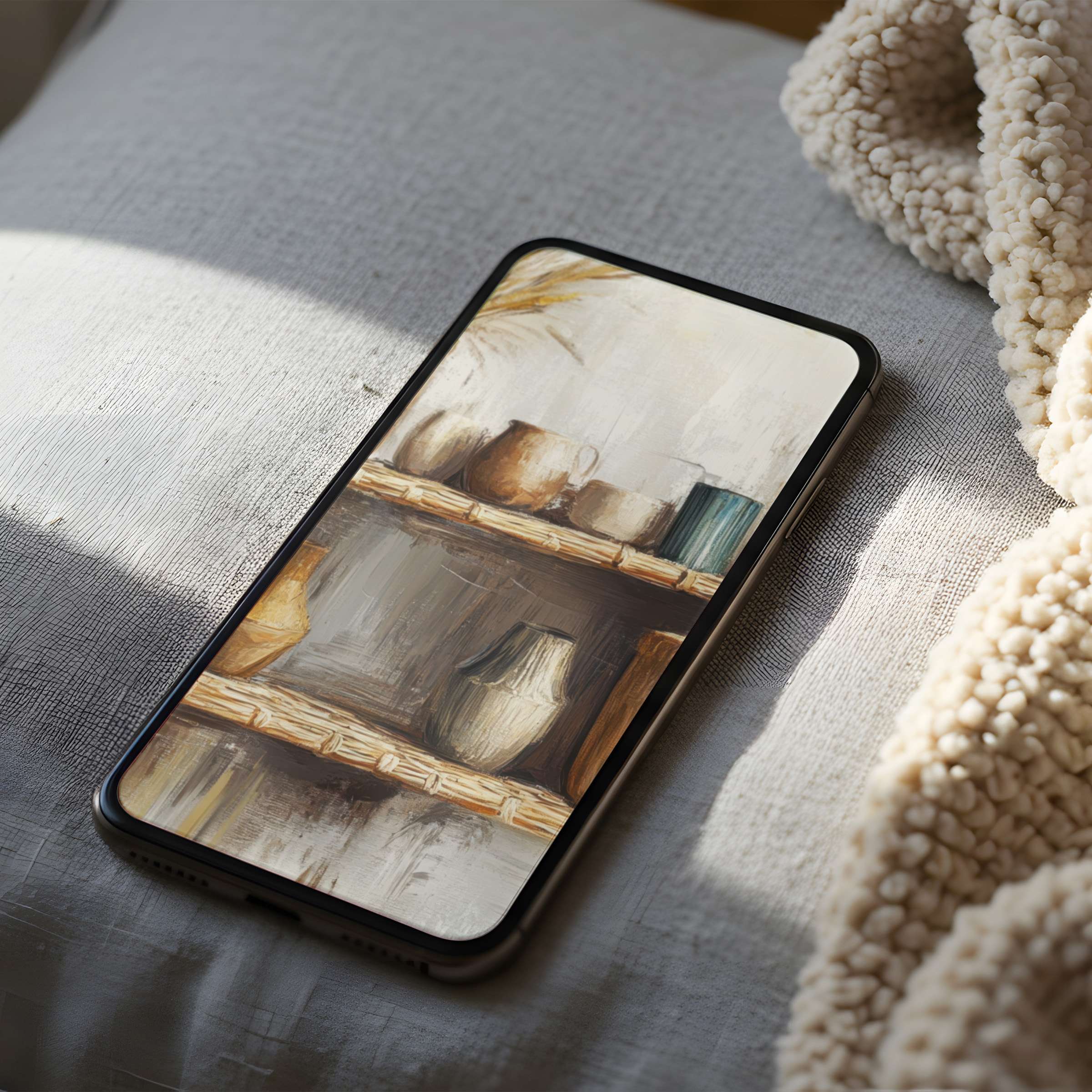 Elegant phone wallpaper featuring earthy tones on cozy ceramic shelves offers calm for iPhone and Android digital download