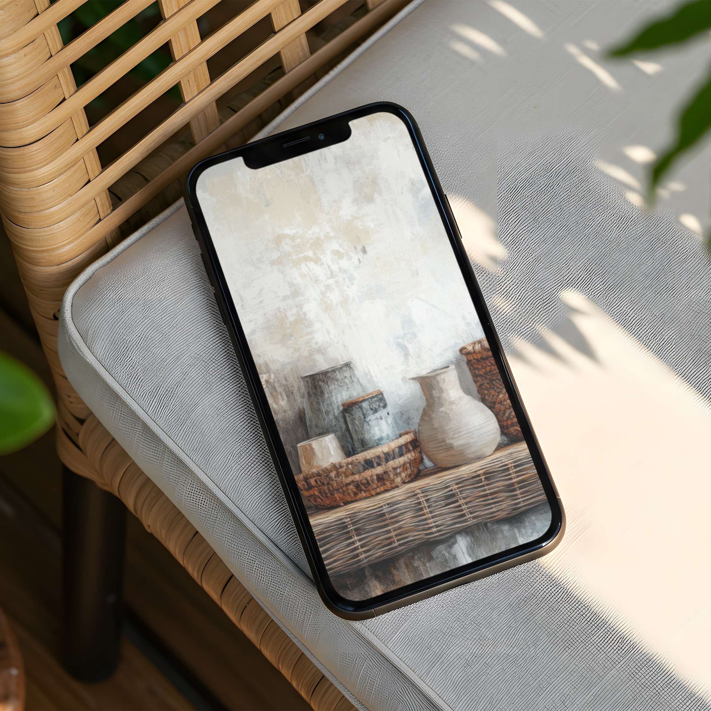 Elegant iPhone background featuring serene still life with textured vases and baskets exuding calm inspiration instant download for phone