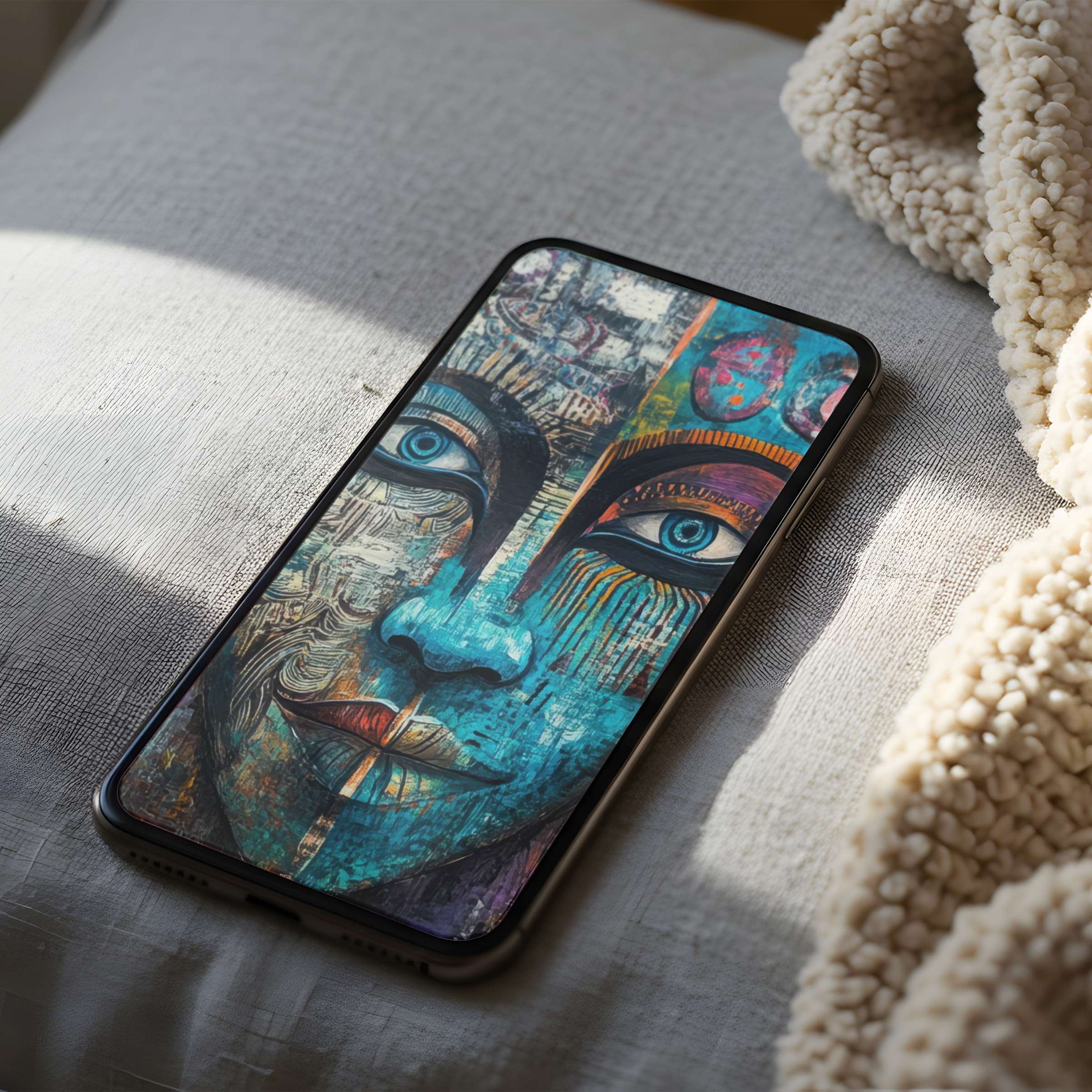 Elegant abstract face phone wallpaper in high resolution, featuring vibrant blues and oranges, ideal for iPhone and Android digital download