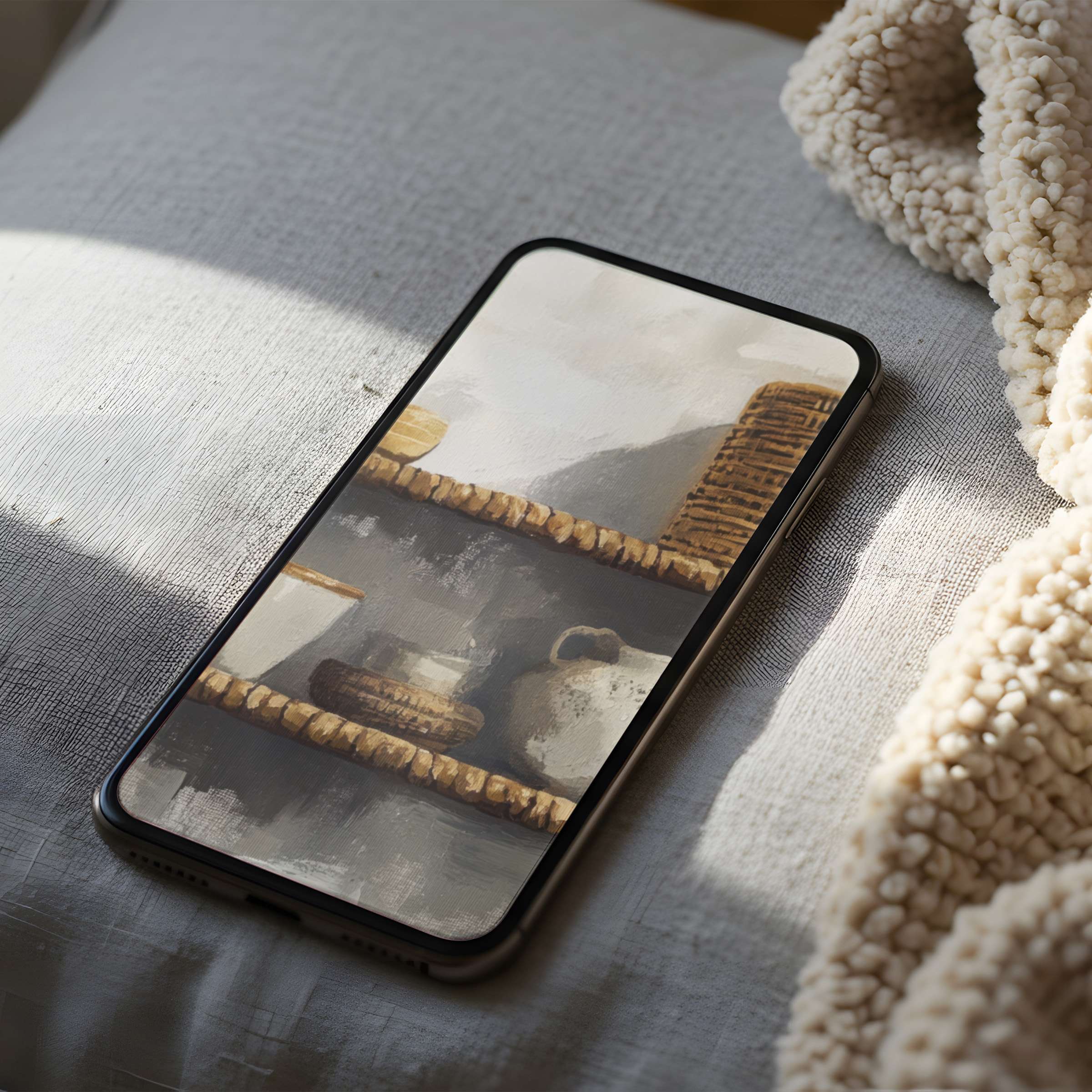 Elegant phone wallpaper featuring serene, earthy tones with minimalist shelf design, perfect for iPhone and Android digital download
