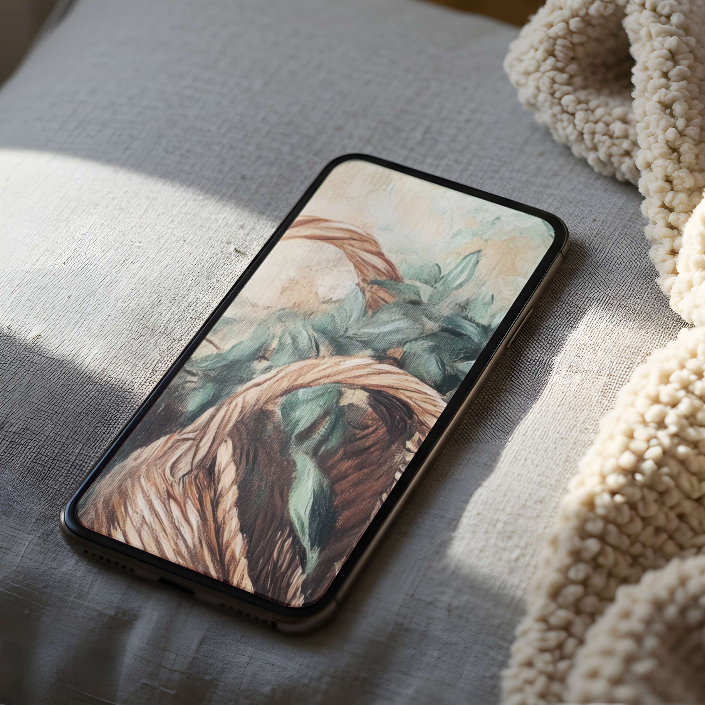 Elegant phone wallpaper featuring a high resolution painting of woven basket and greenery, perfect for iPhone and Android digital download