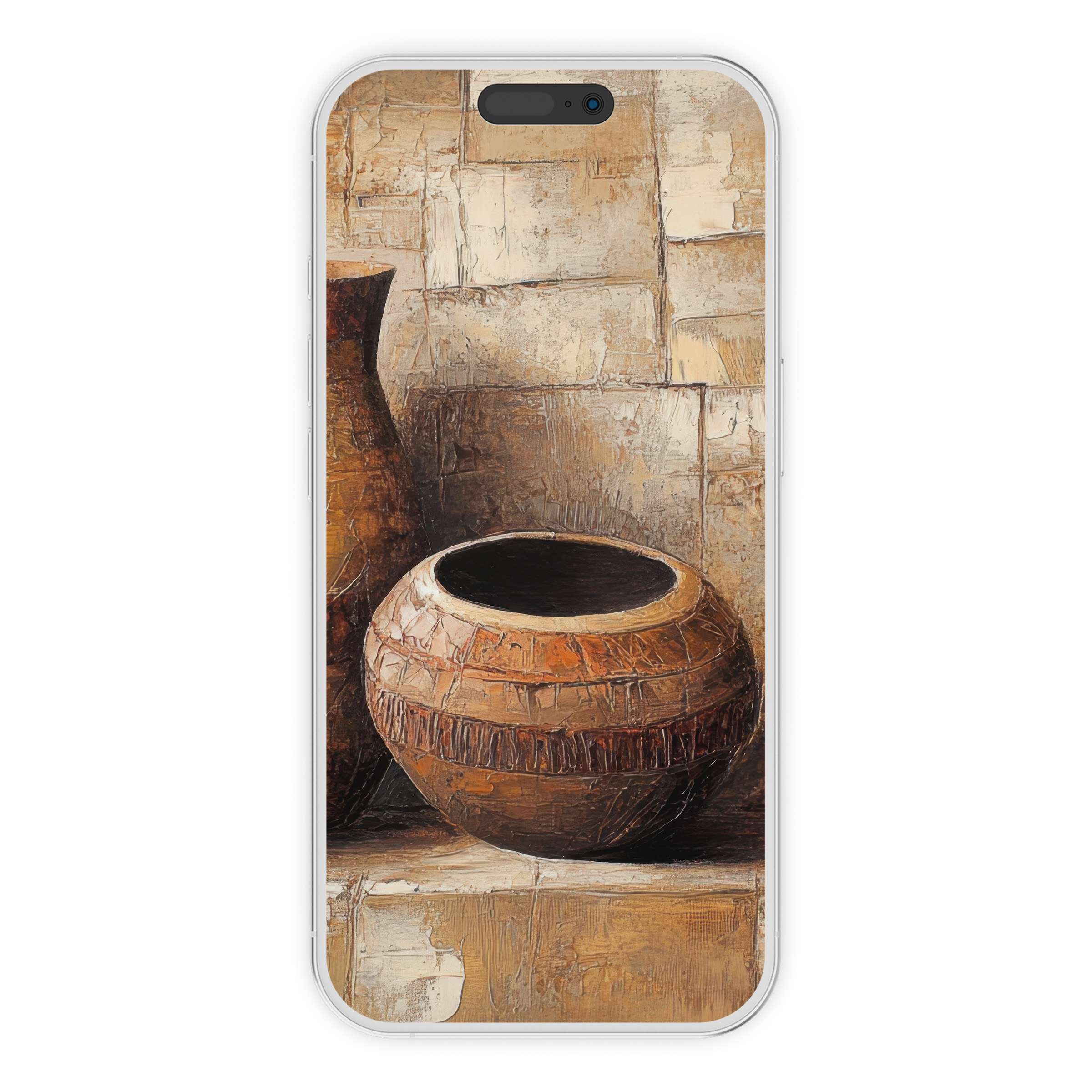 Boho iPhone wallpaper with earthy, textured clay pots against a rustic canvas, offering tranquility as a digital download background suitable for any phone