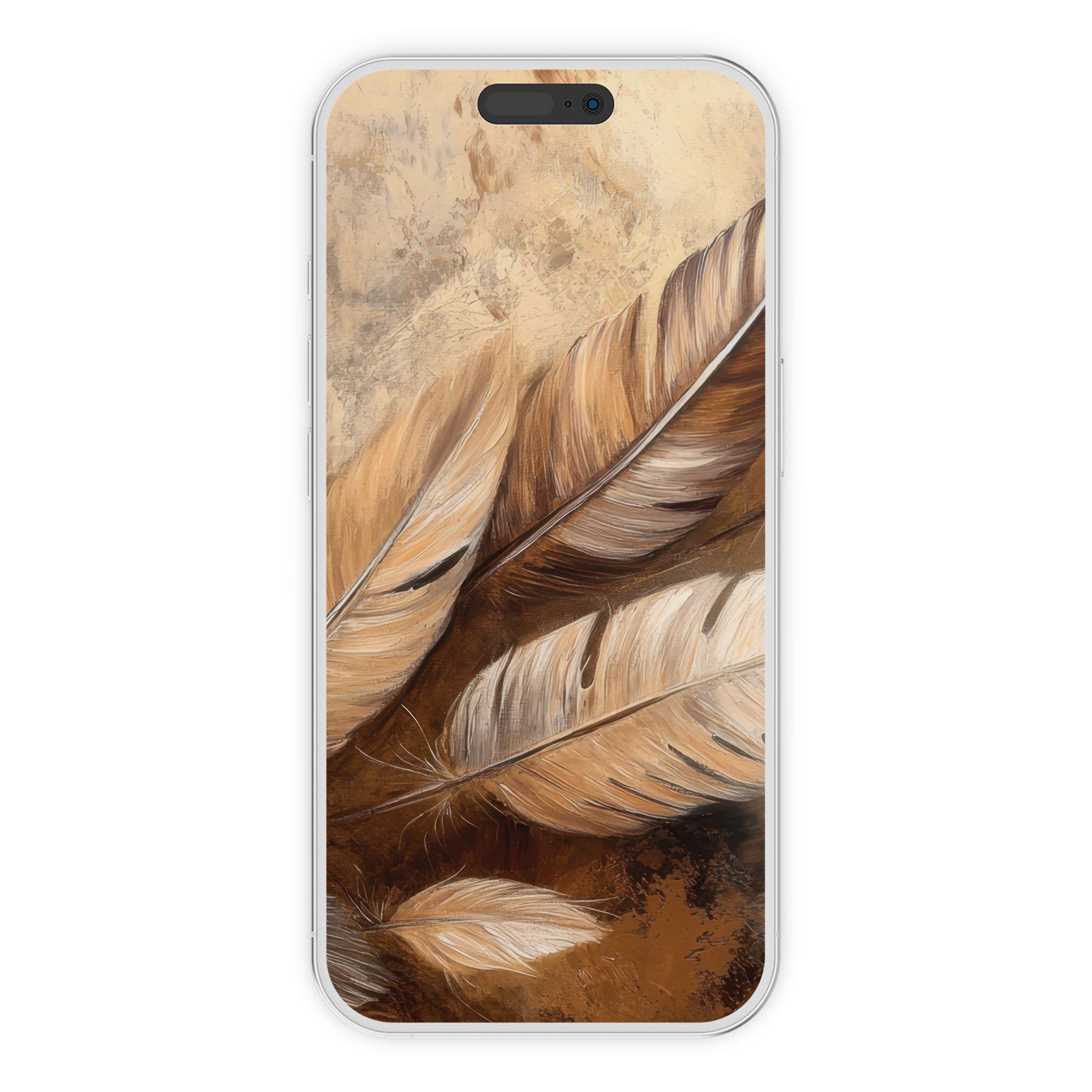 Organic boho iPhone wallpaper with warm feather design offers a serene phone background digital download for aesthetic harmony