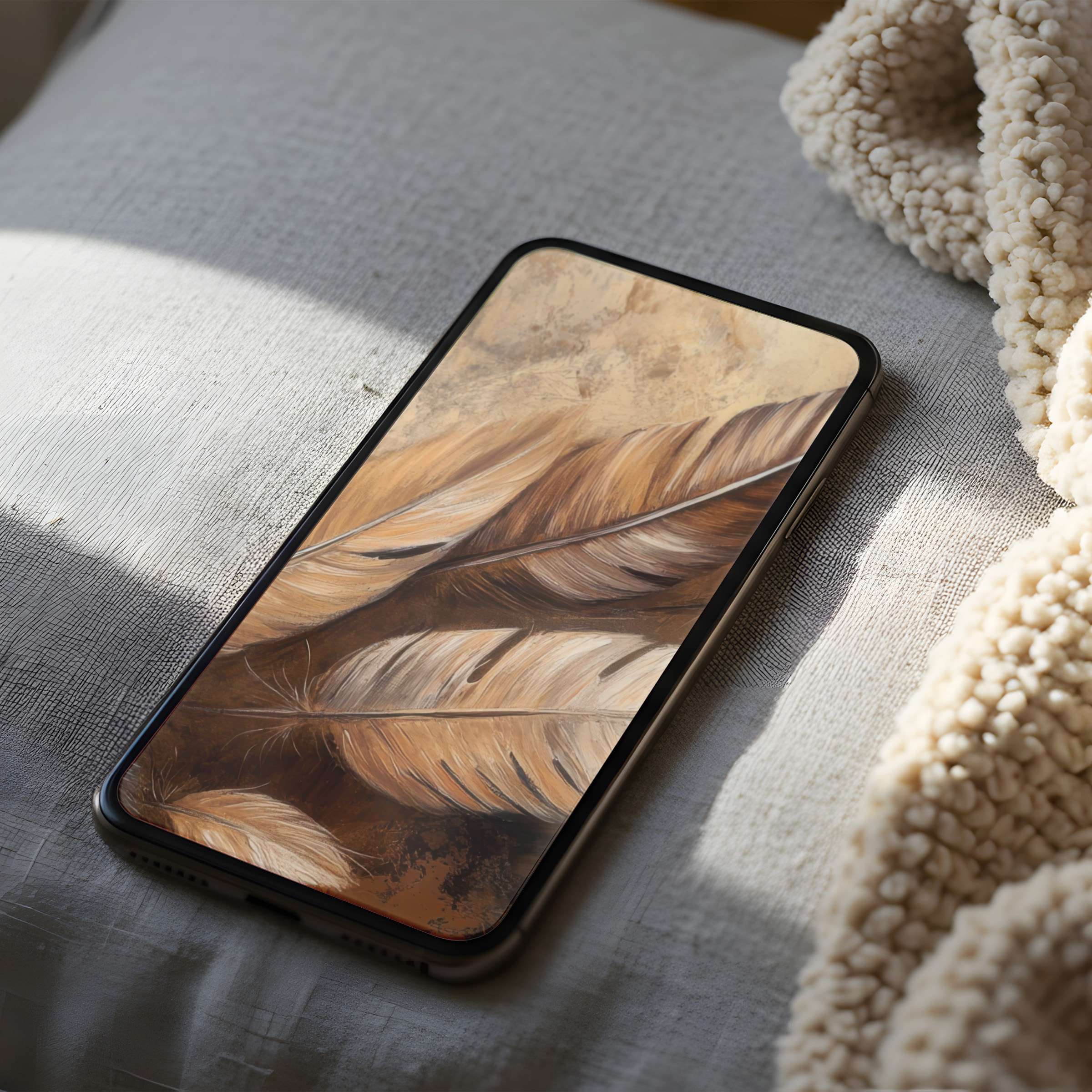 Elegant feather motif phone wallpaper in warm earth tones for high-resolution iPhone and android use, perfect for digital download