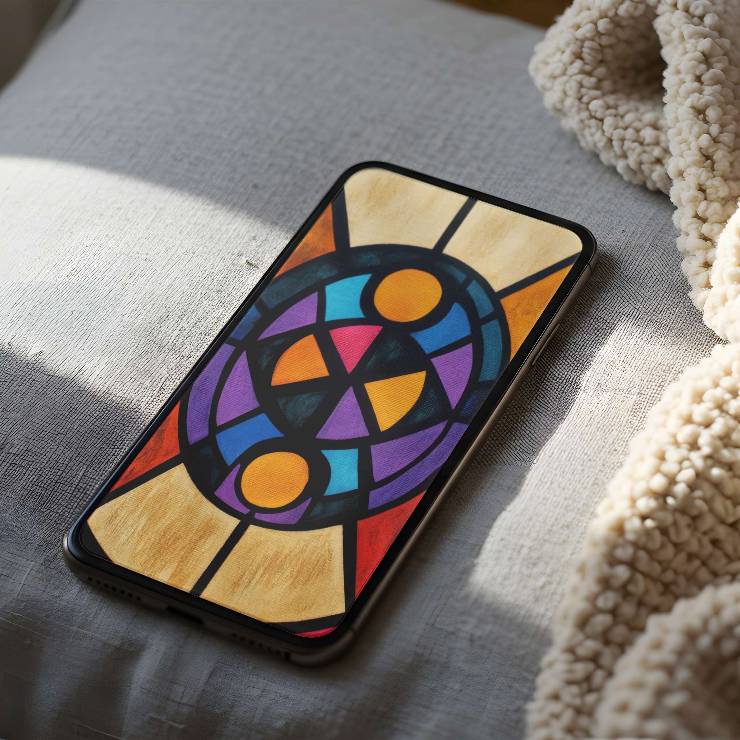 Vibrant abstract phone wallpaper with geometric patterns in warm and cool hues, perfect high resolution download for iPhone and Android