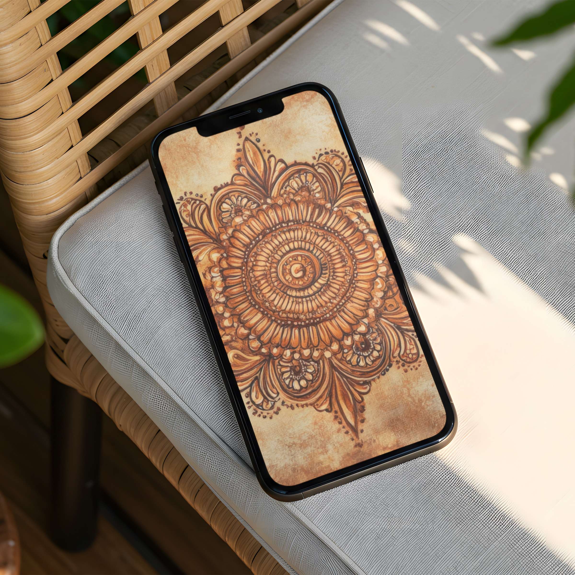 Elegant mandala-inspired iPhone background offering mindfulness and calm through instant download for any phone model