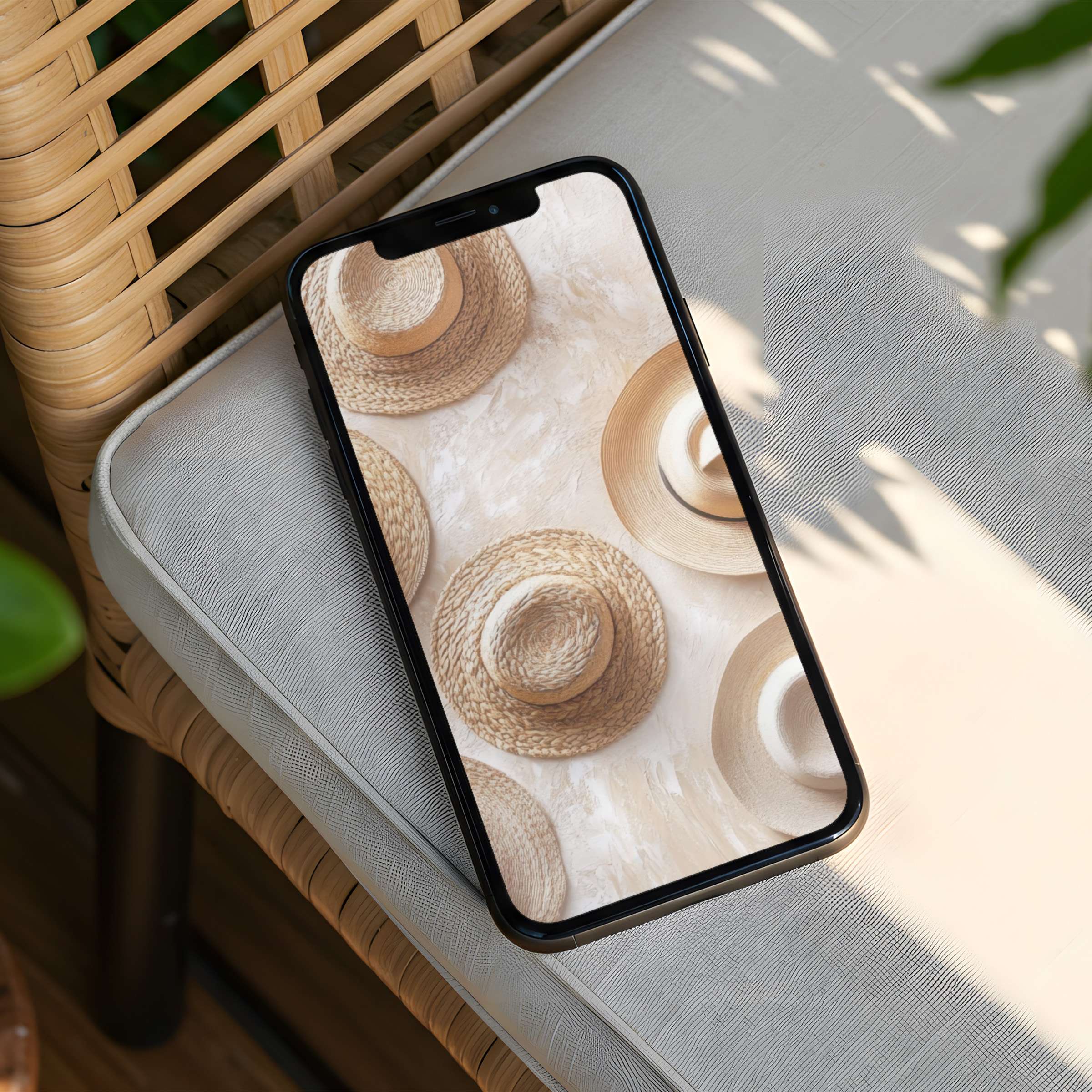 Elegant straw hats on a textured sand backdrop create a calming iPhone background for instant download on any phone