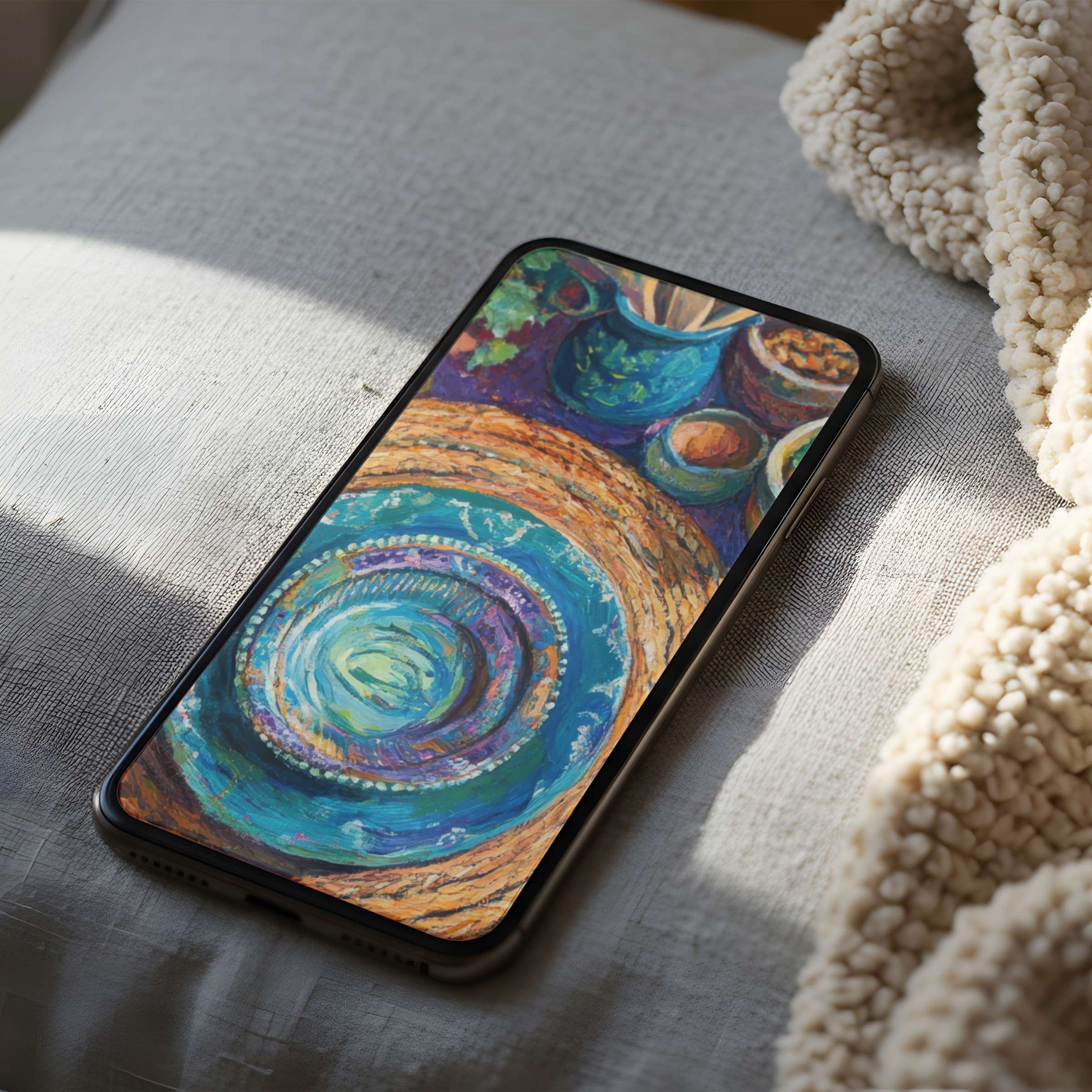 Vibrant abstract phone wallpaper featuring swirling blues and greens, ideal for iPhone or Android, elevating any space with high resolution beauty