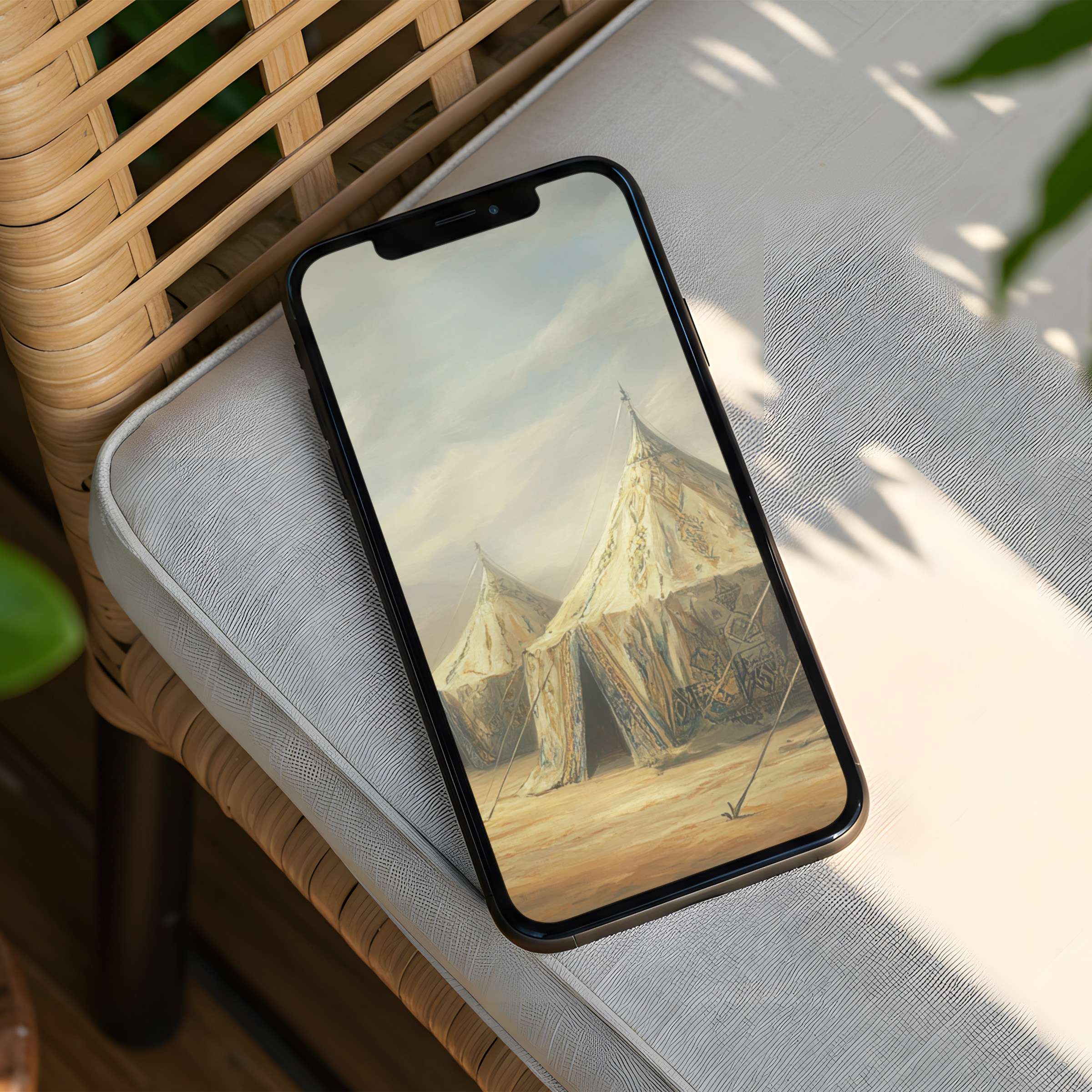 Natural canvas tents on sandy terrain evoke serenity and elegance as an iPhone background with instant download for phone mindfulness