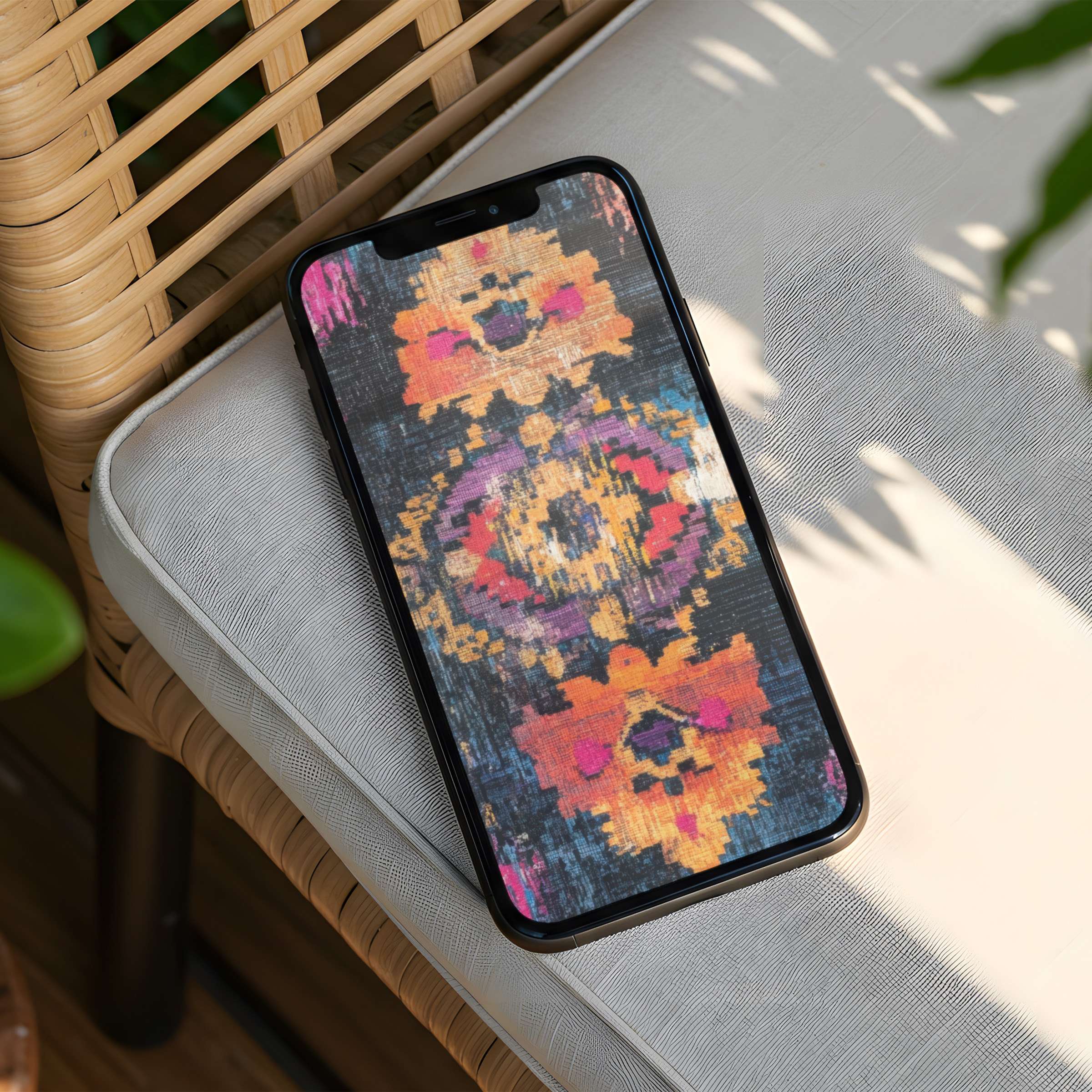 Vibrant ikat-inspired iPhone background evokes calm elegance, offering instant download for mindful art lovers on any phone