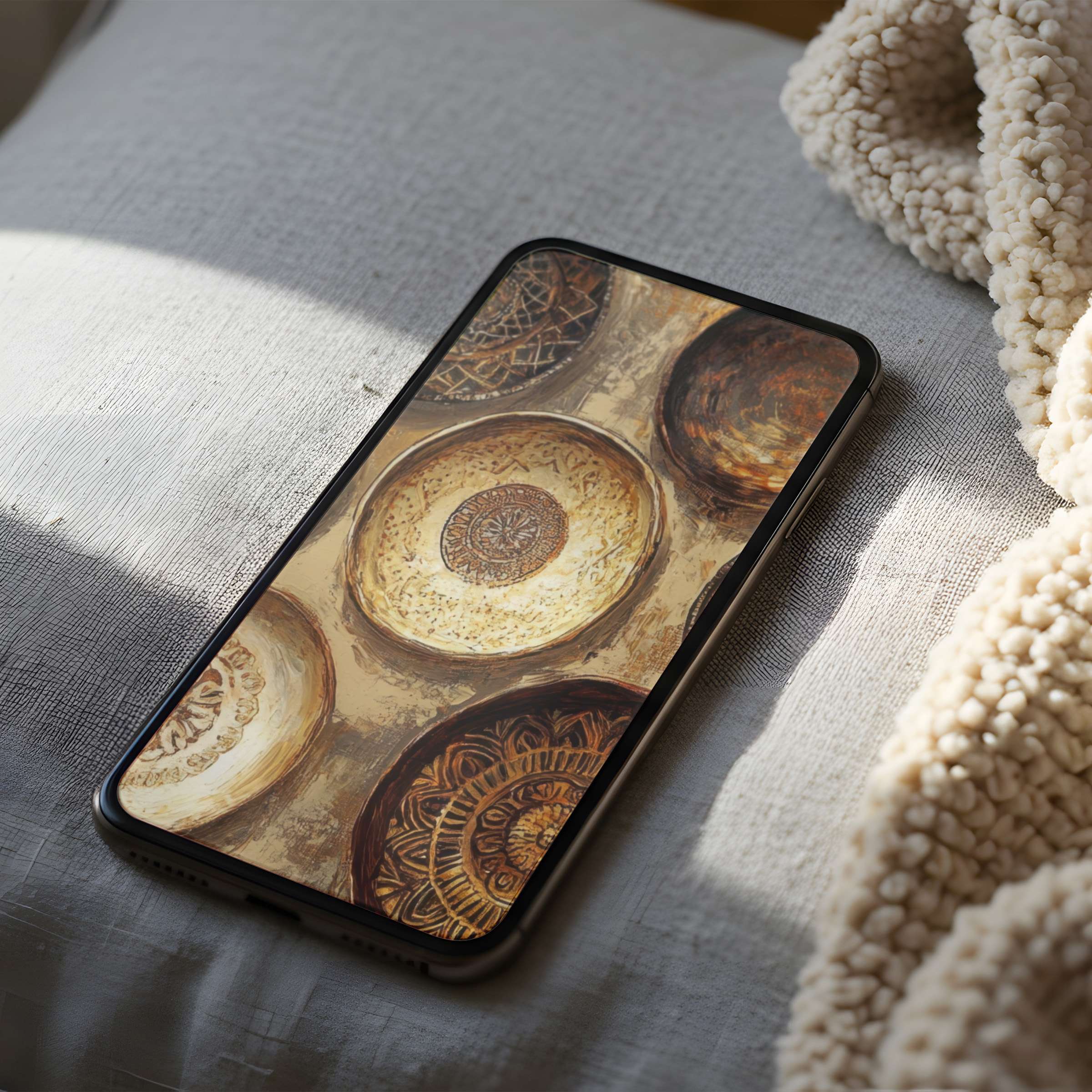 Elegant phone wallpaper showcasing intricate ceramic designs in earthy tones, offering high-resolution art for iPhone and Android devices
