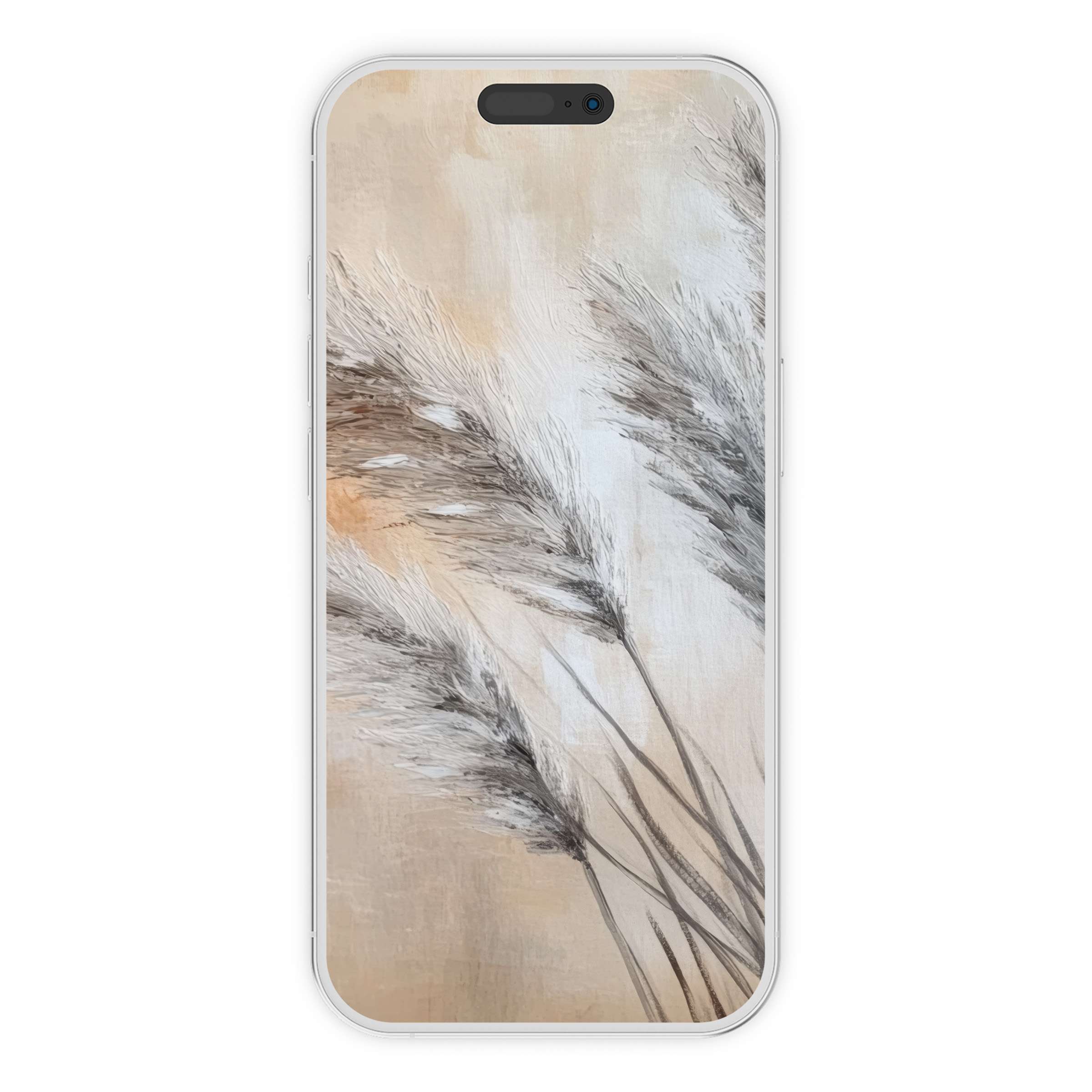 Boho iPhone wallpaper featuring elegant soft beige tones with delicate pampas grass for a calming phone background digital download