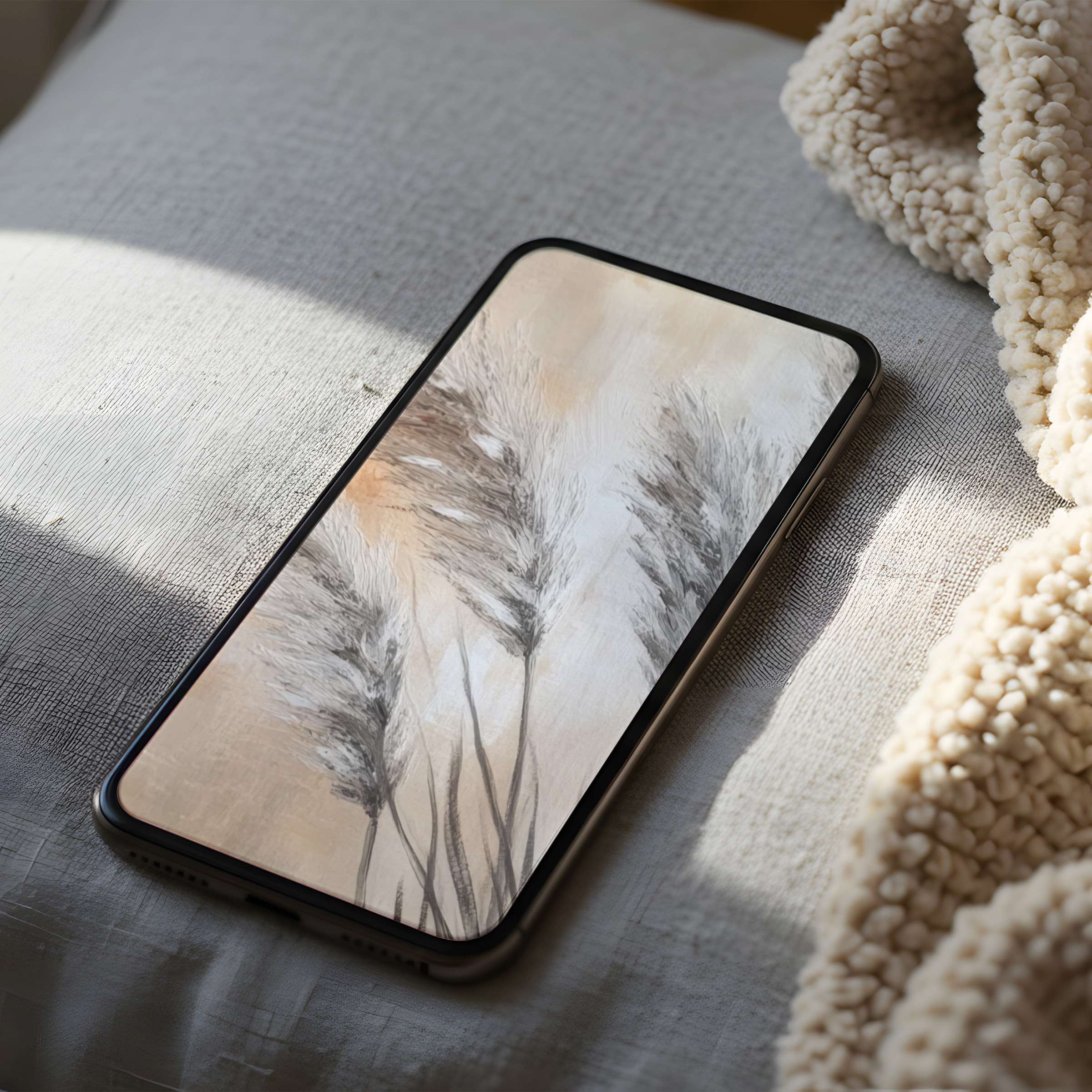 Elegant phone wallpaper with serene pampas motif in neutral tones for high resolution iPhone and Android digital download use