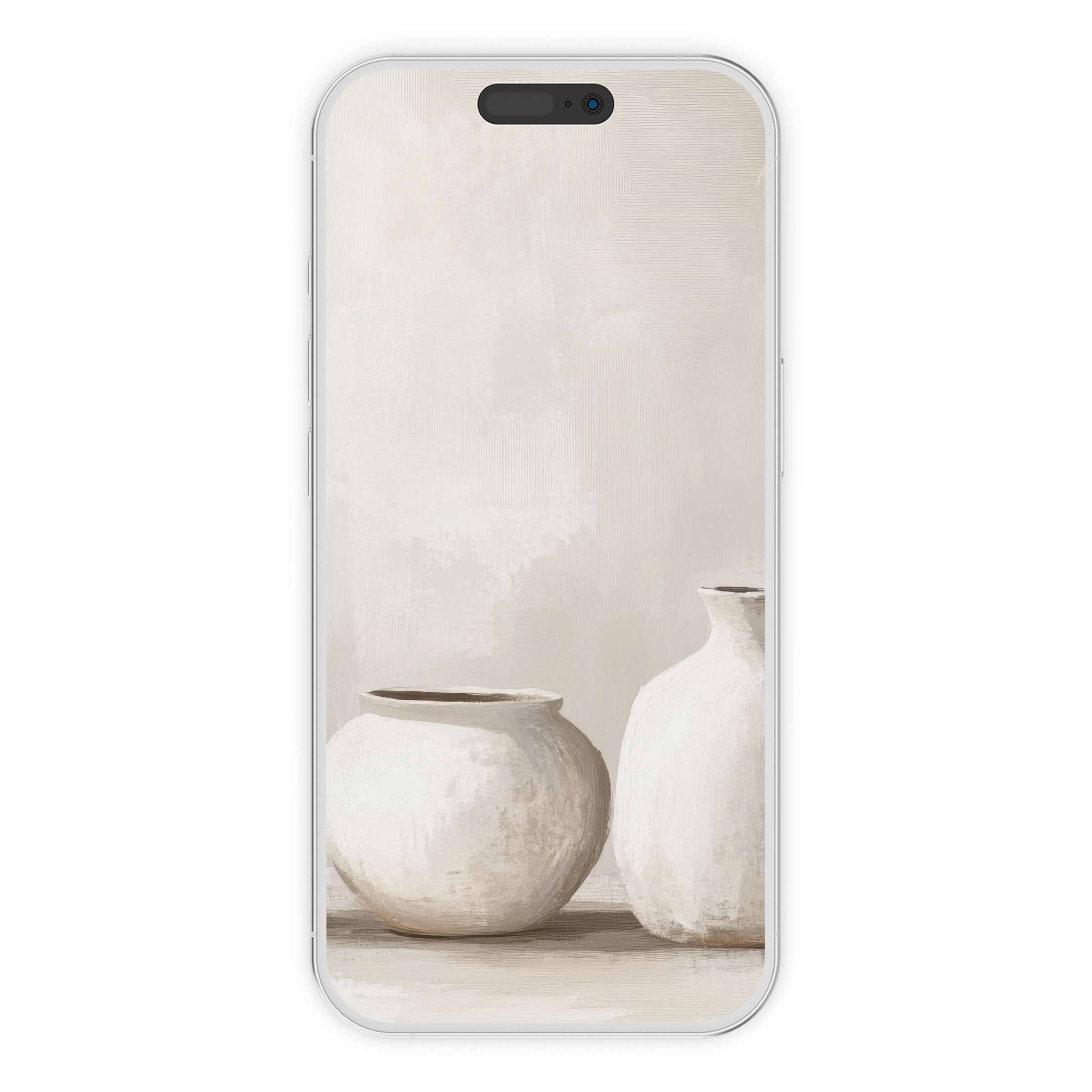 Elegant boho iPhone wallpaper featuring minimalist vases in soft beige tones offers a serene phone background digital download