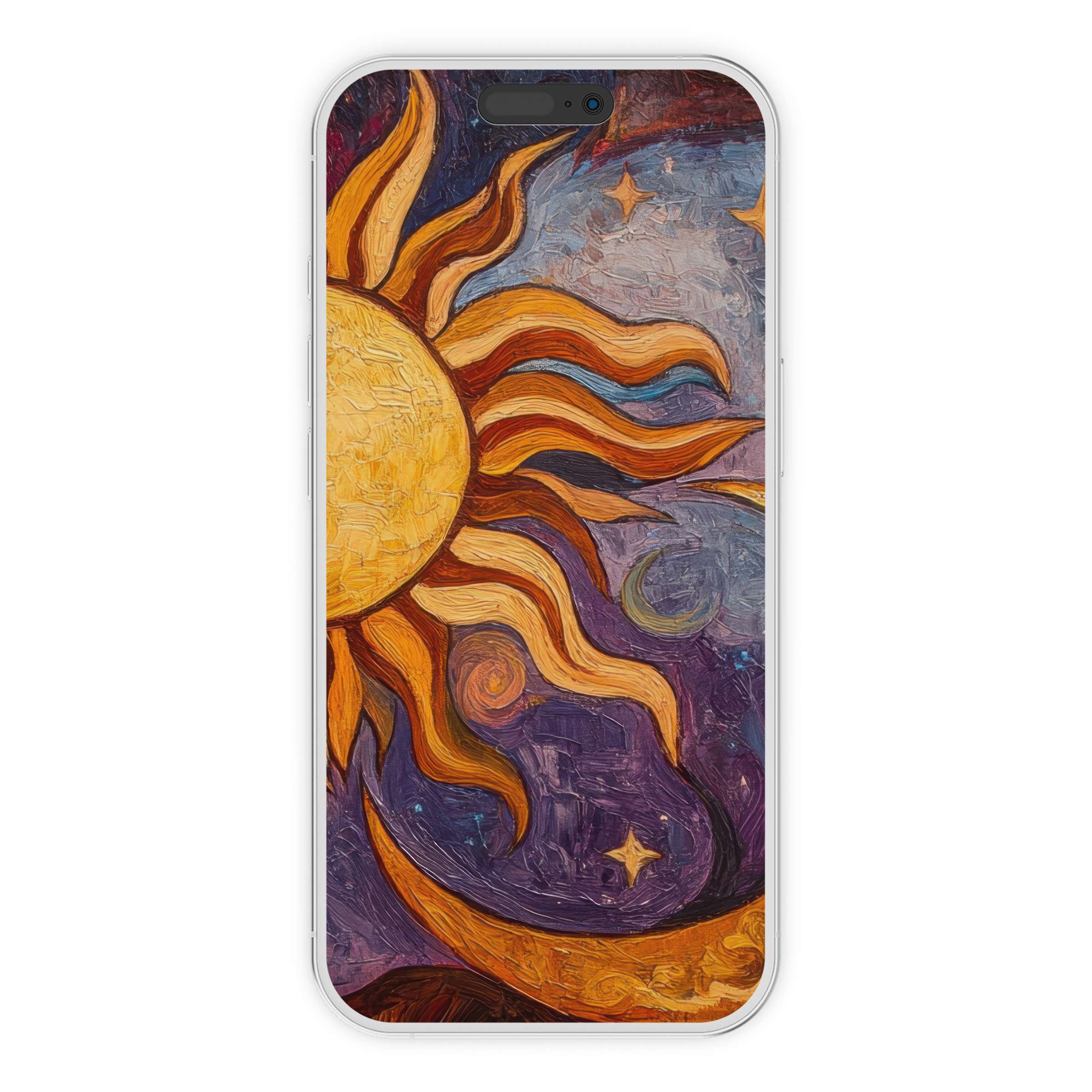 Vibrant boho iPhone wallpaper with swirling sun and crescent moon offers a stunning digital download for your phone background