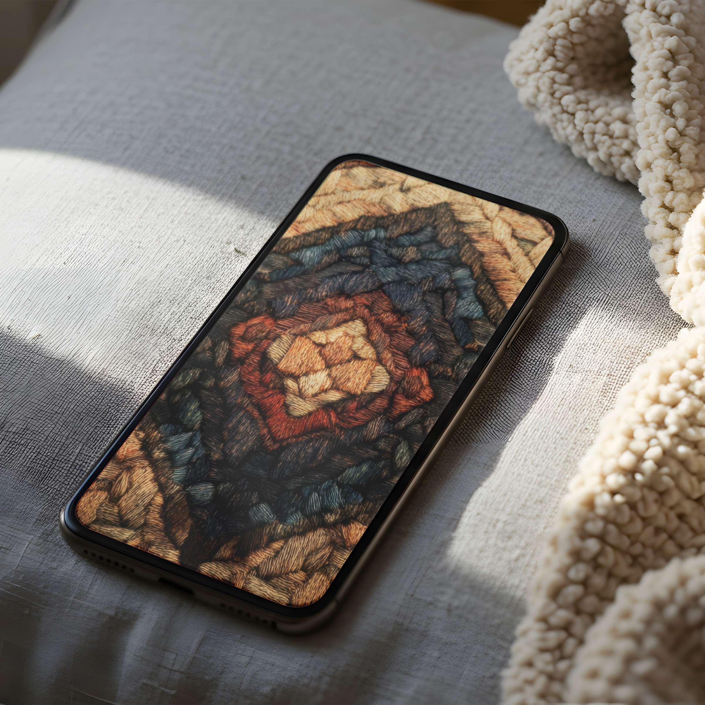 Elegant phone wallpaper with a textured pattern in warm earth tones on a bed, suitable for iPhone and Android digital download