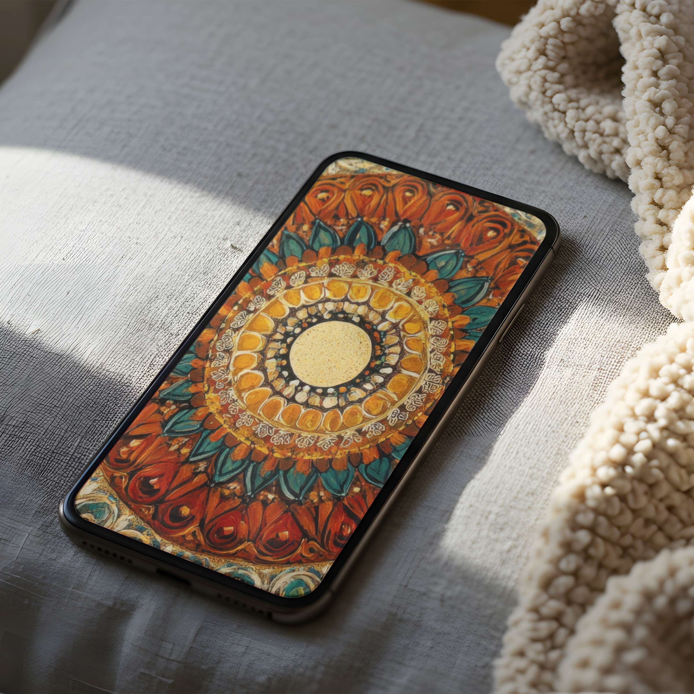 Elegant phone wallpaper with a vibrant mandala in earthy tones, perfect for iPhone and Android, enhancing tranquility and aesthetic harmony