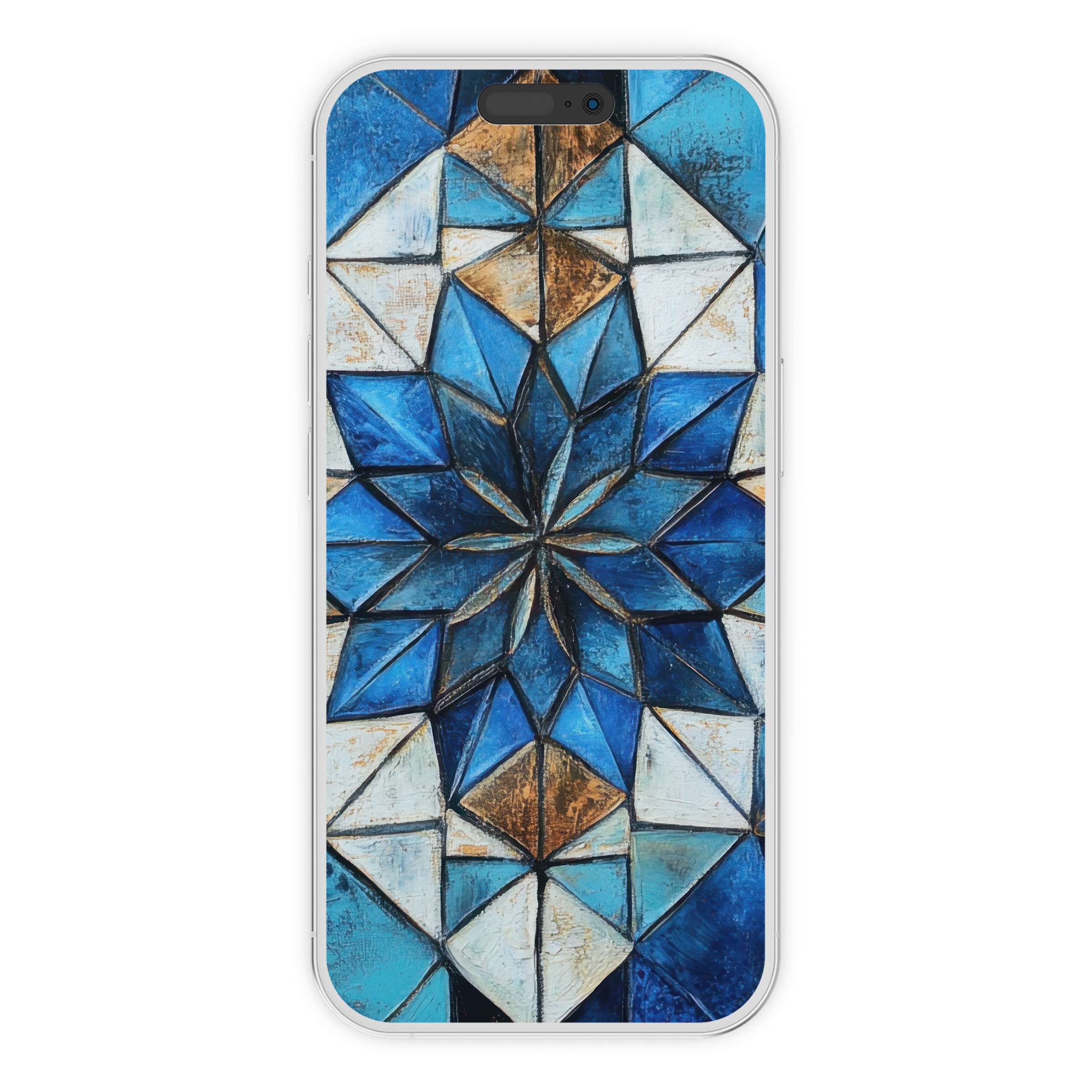 Elegant boho iPhone wallpaper featuring geometric blue and gold patterns for a calming phone background, digital download available