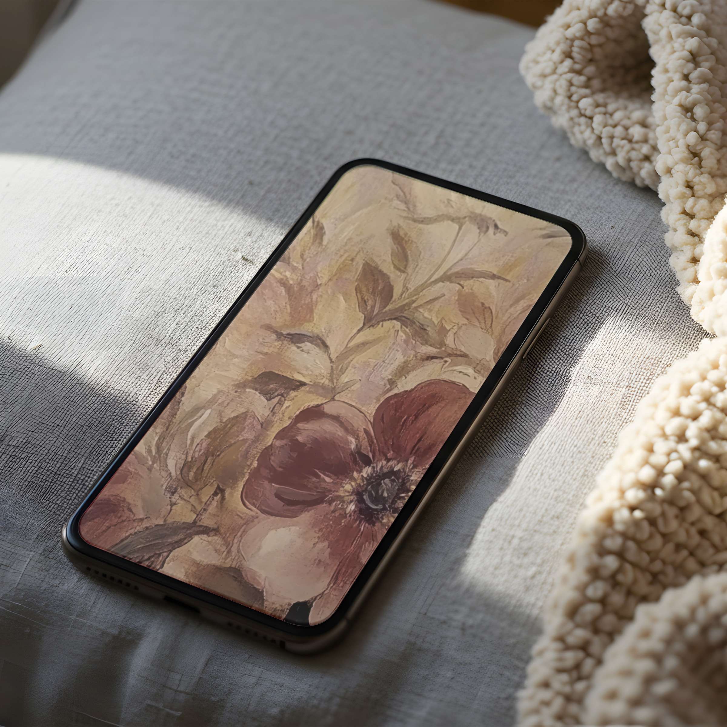 Elegant floral phone wallpaper in soft beige and maroon hues, perfect for a high resolution digital download on any smartphone