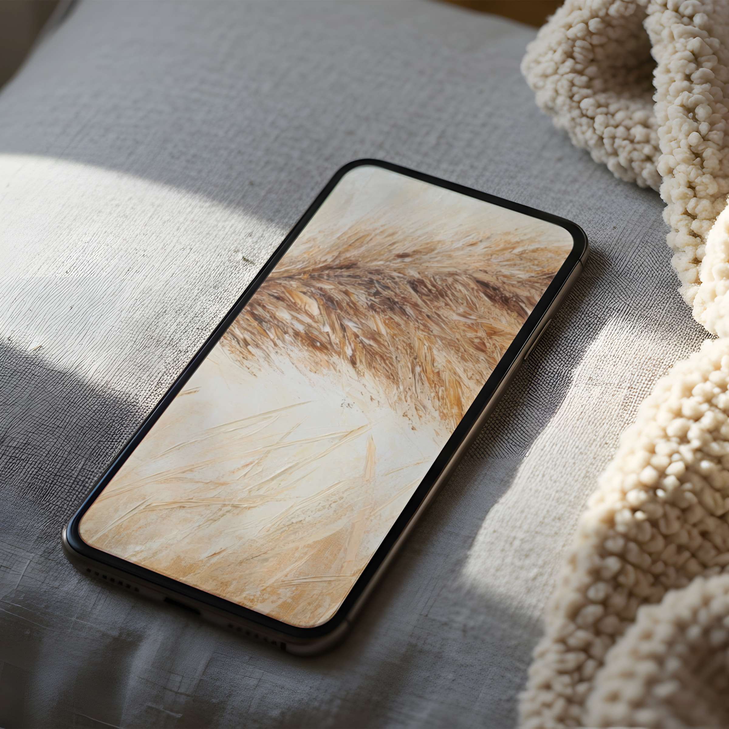 Elegant phone wallpaper featuring high-resolution wheat motif in soft beige tones, perfect for iPhone and Android digital download