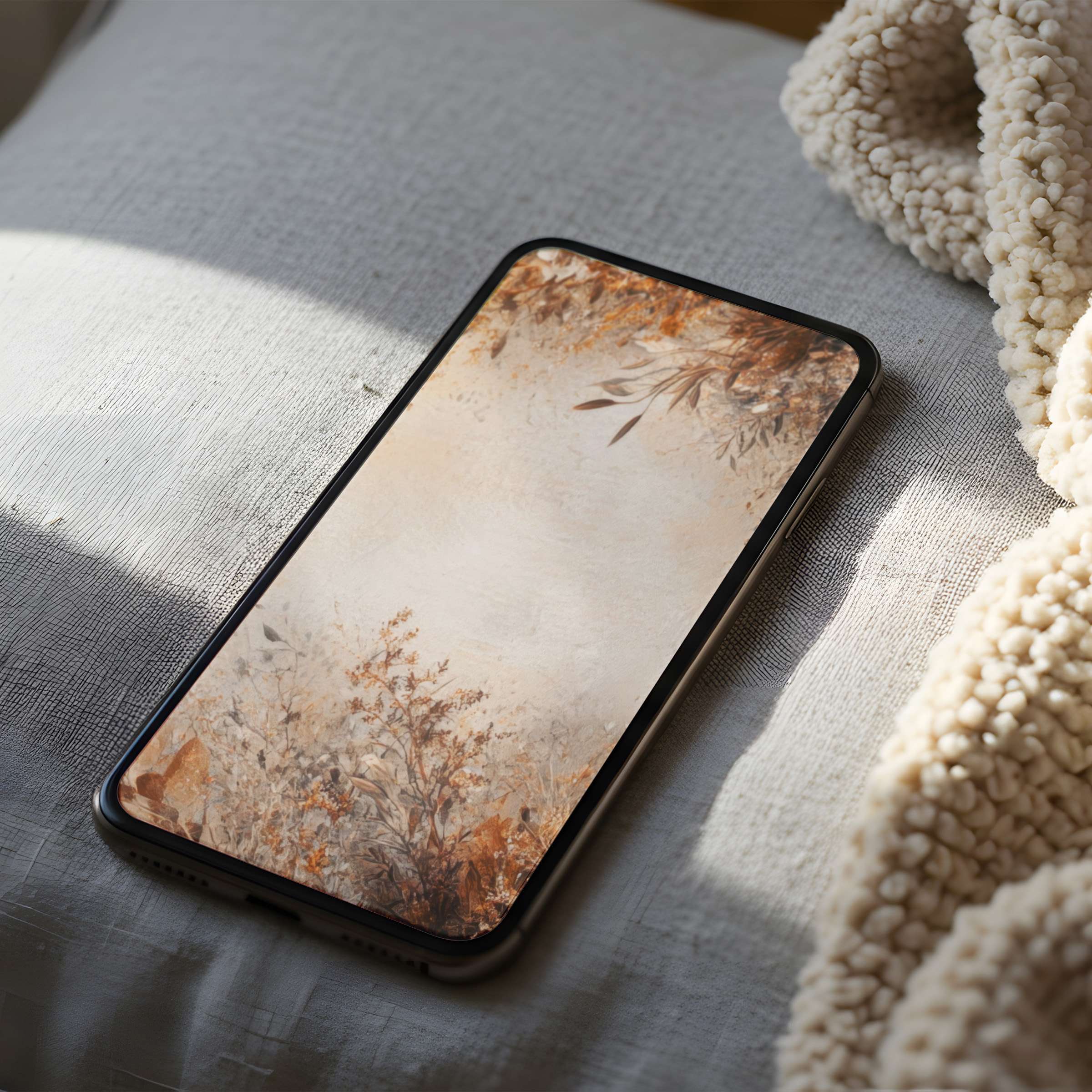 Serene autumn-themed phone wallpaper with earthy tones, perfect for iPhone and Android, offering a calming, high-resolution digital download